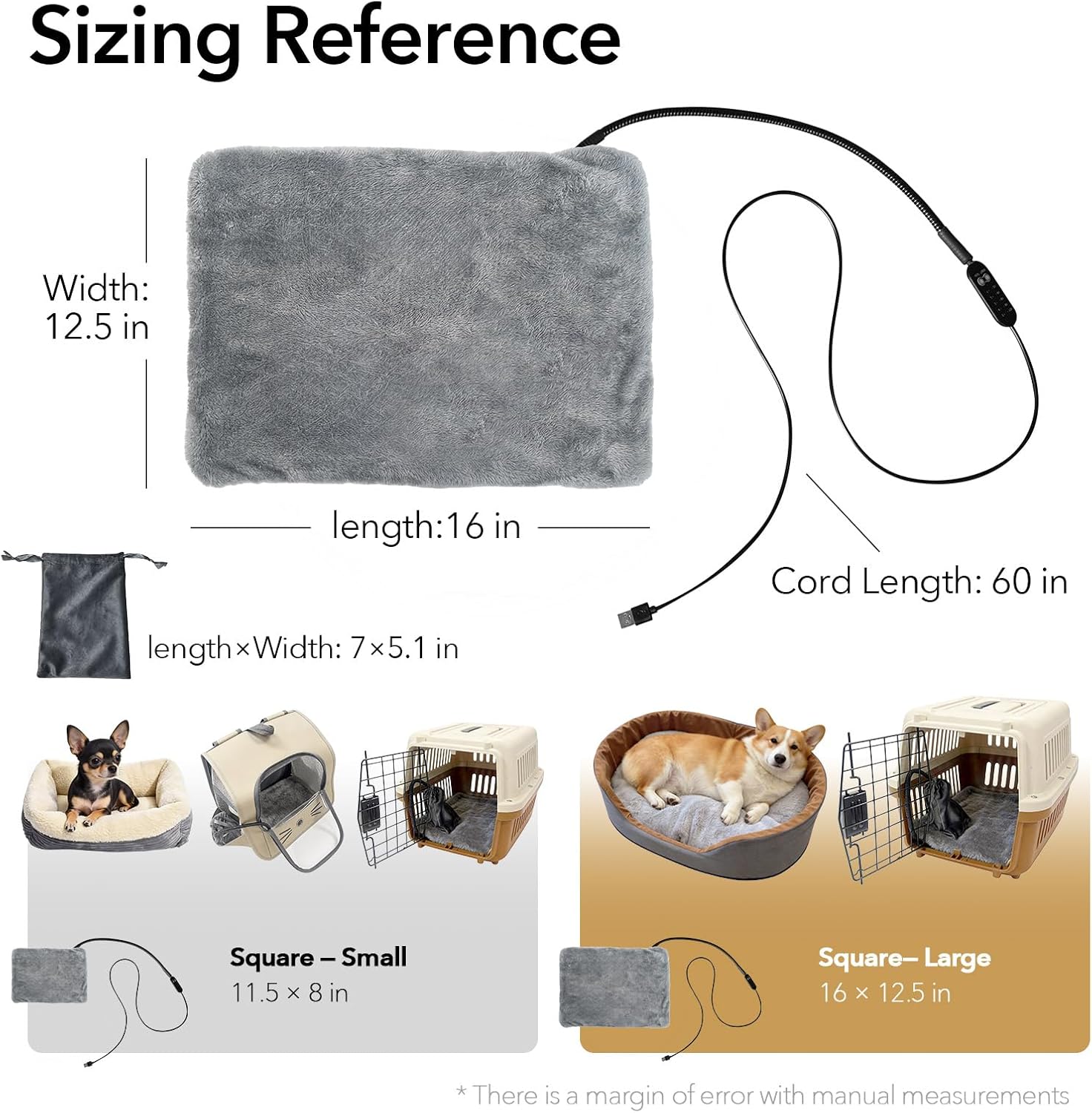 USB Heating Pad for Cats & Dogs Indoor/Travel/Outdoor - Power Bank Pouch & Washable Cover, 5V Safe Waterproof Warmer, 5-Temp & Timer, 140°F Auto Shut-Off, Battery/Wall/Car Powered (12"x16")