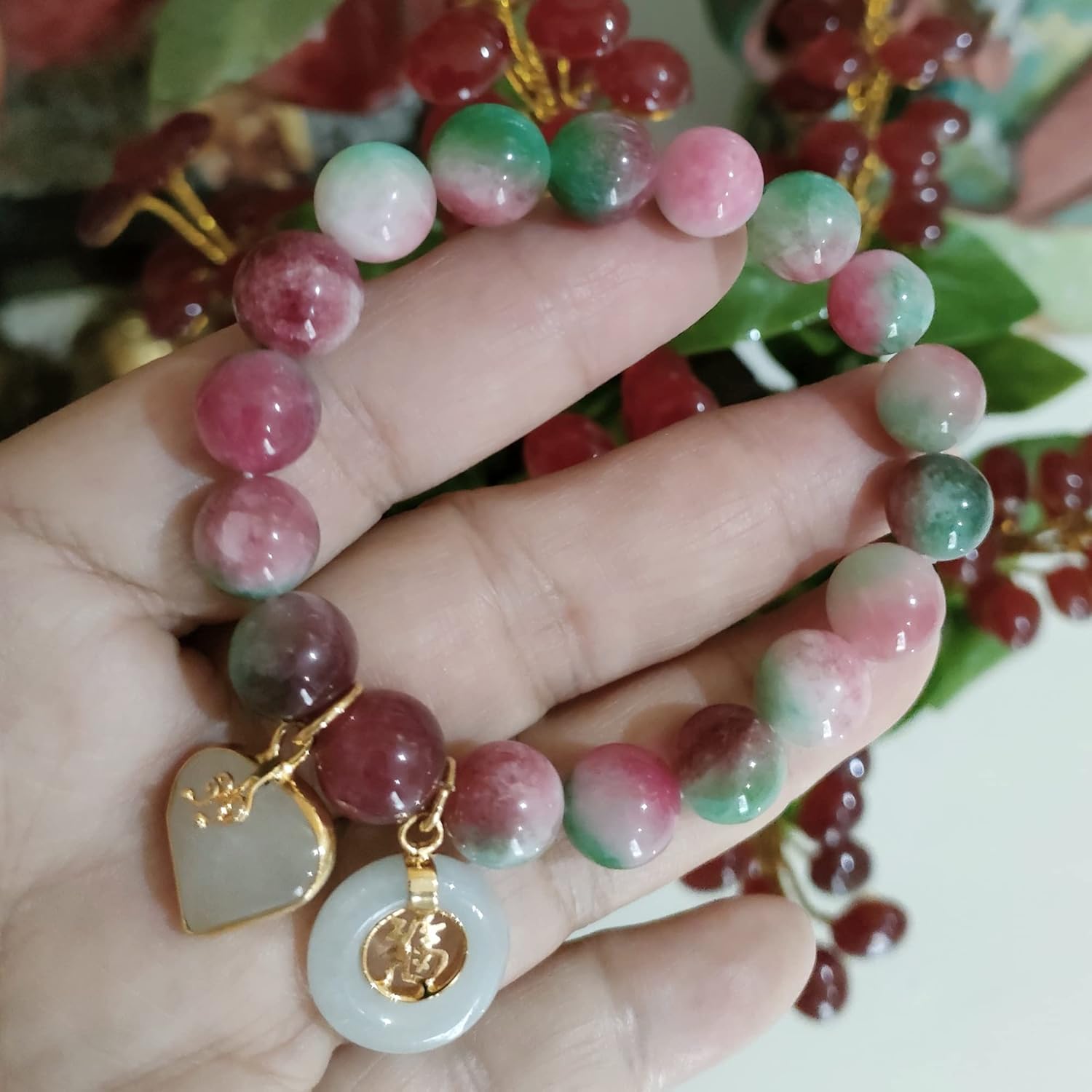 Heavens Tvcz Healing Bracelets for Women Spiritual Positive Sayings Thai Handmade Crystal Beaded Ornaments Chakra Bracelet with Pendant Jade Heart and Coin Lucky Happy Mood Bracelet - Image 9