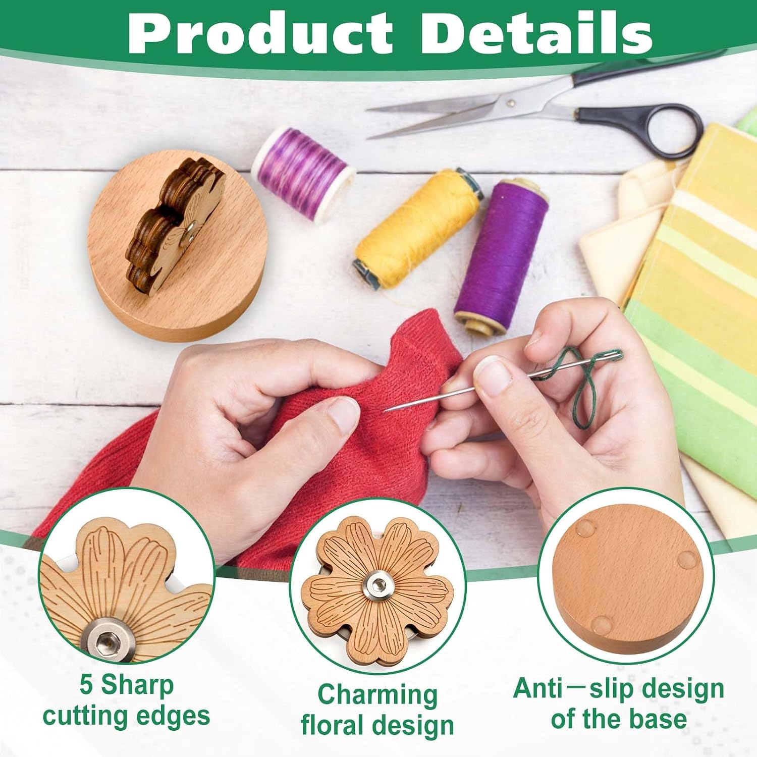 Floral Thread Cutter, Tabletop Blade Saver Thread Cutter with Anti-Slip Stand, Sewing Tools, Wooden Rotary Flower Shape Blade Tool for Sewing, Quilting, Chain Piecing and Yarn Crafts image 3