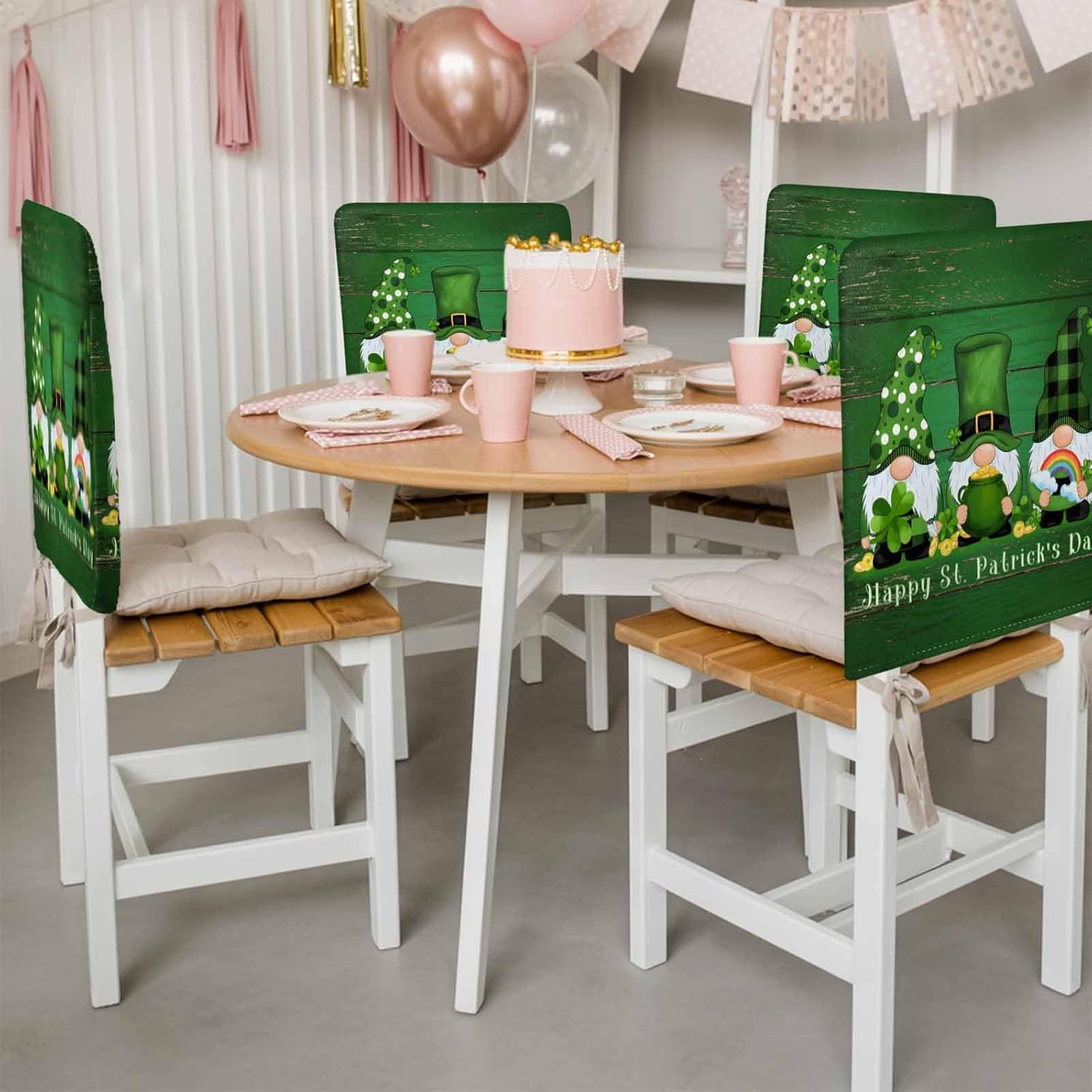 Savannan St. Patrick's Day Gnome Dining Chair Back Covers, Shamrock Rustic Old Wooden Green Chair Covers Chair Slipcovers Protective Covers for Holiday Party Festival Decoration, Set of 4
