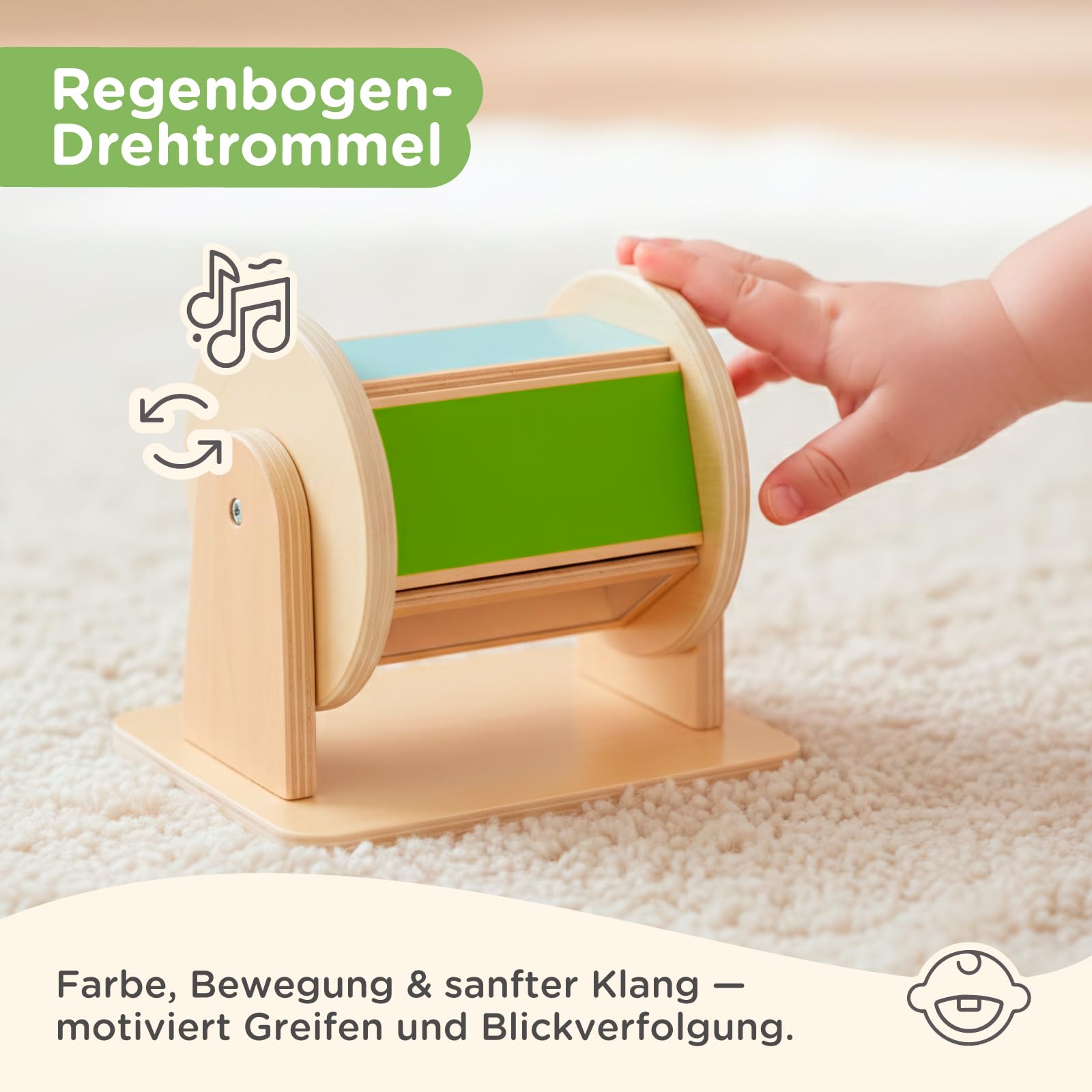 Nene Toys Montessori Baby Spielzeug 0–6 Monate – 7-in-1 Sensorik Holz Lernbox mit Schwarz-Weiß Stoffbuch, Tücherbox, Regenbogen Dreh-Trommel, Sensorikbällen, Beißring & Rassel – Neugeborenen Geschenk