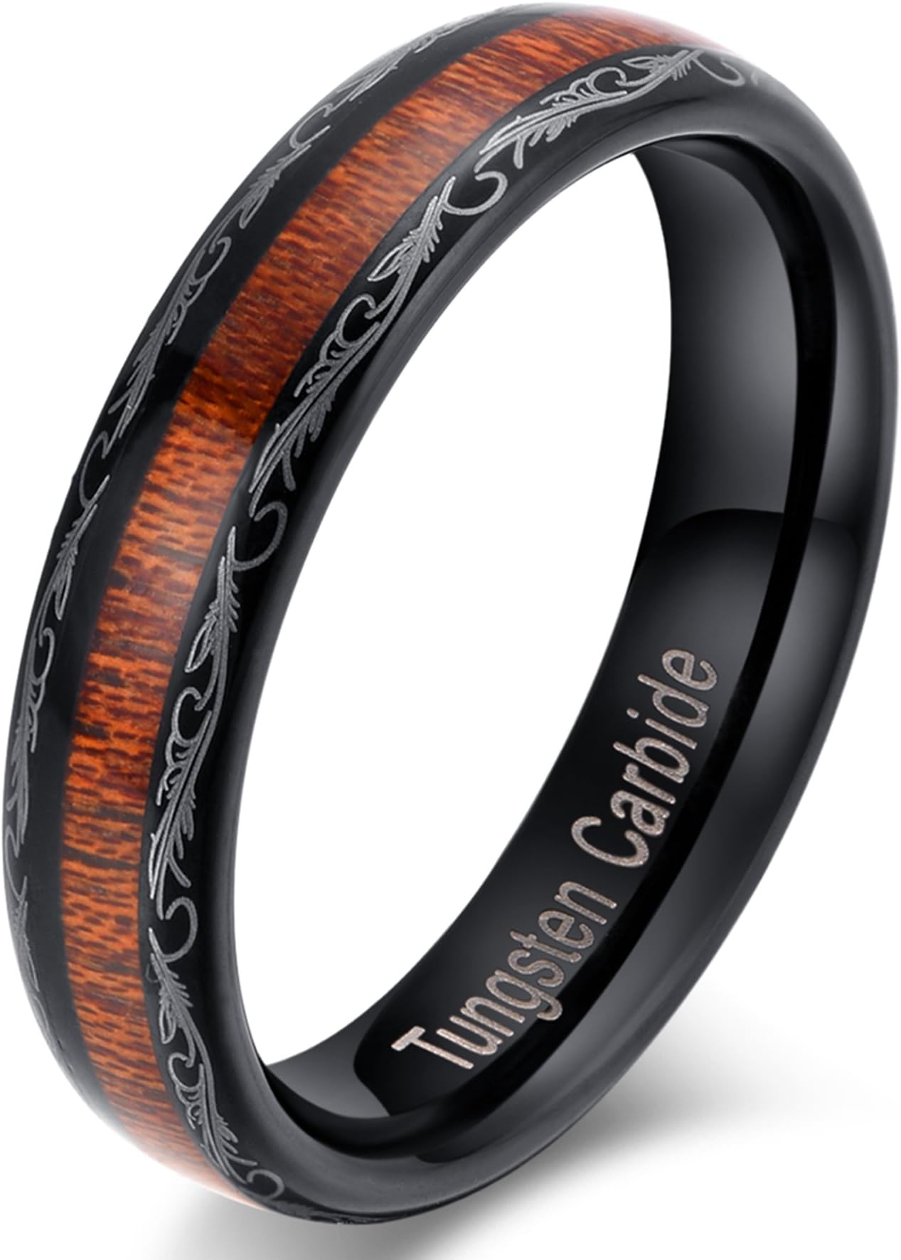 Justband Mens Womens 5mm Black Tungsten Carbide Ring Vintage KOA Wood Thin Wedding Engagement Band Grain Lasered Comfort Fit