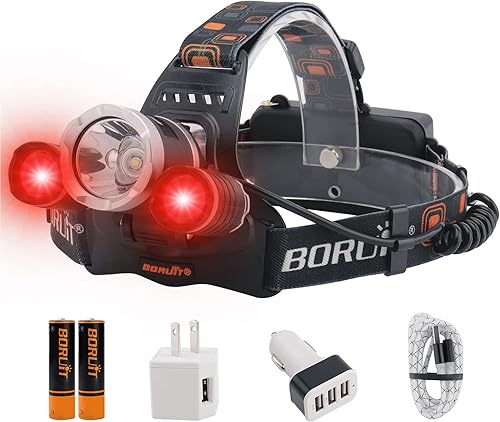 BORUIT Faro LED recargable, ultra brillante, 5000 lúmenes, 3 modos de iluminación, luz blanca y roja, lámpara de cabeza IPX4, impermeable, faro USB