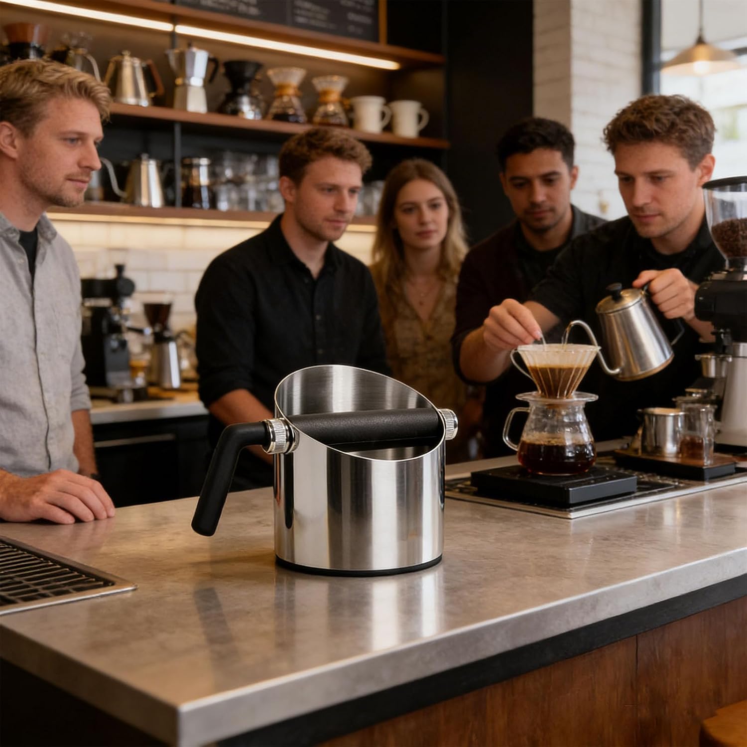 Stainless Steel Coffee Grounds Collection Box with Angled Opening for Clean Espresso Machine Care and Smooth Function