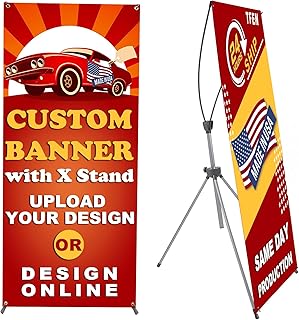 Custom Banner 23" x 63" -Made in USA- including Banner Printing and Adjustable X Banner Stand - Portable Personalized Custom X Banner with Travel Bag for Advertising, Business, Events