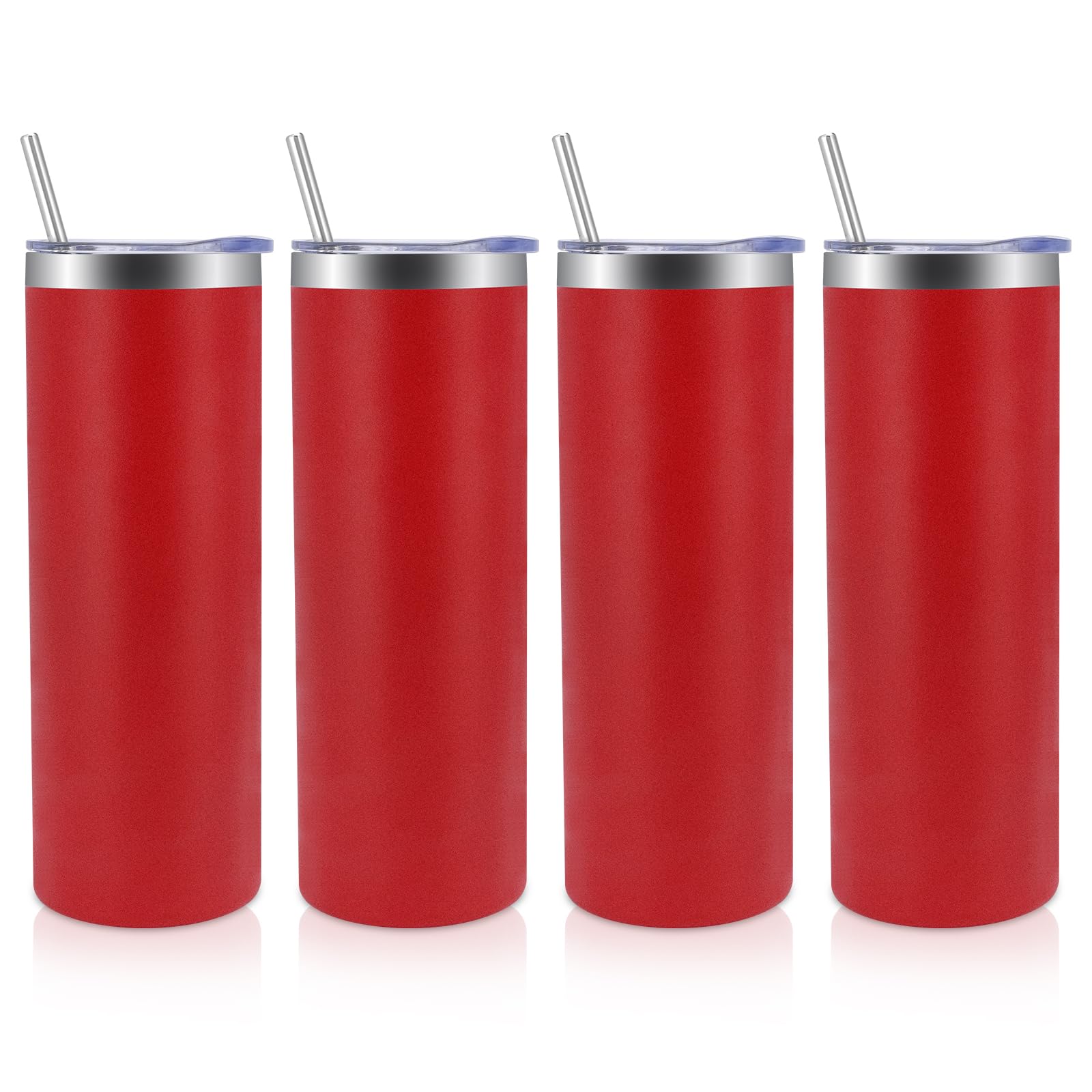 Volhoply 4 Pack Skinny Tumblers with Lid and Straw, 600ml (20oz) Stainless Steel Straight Tumbler Bulk, Vacuum Insulated Coffee Mug for Home, Office, Travel, DIY (Red,4 Pack) — image 1