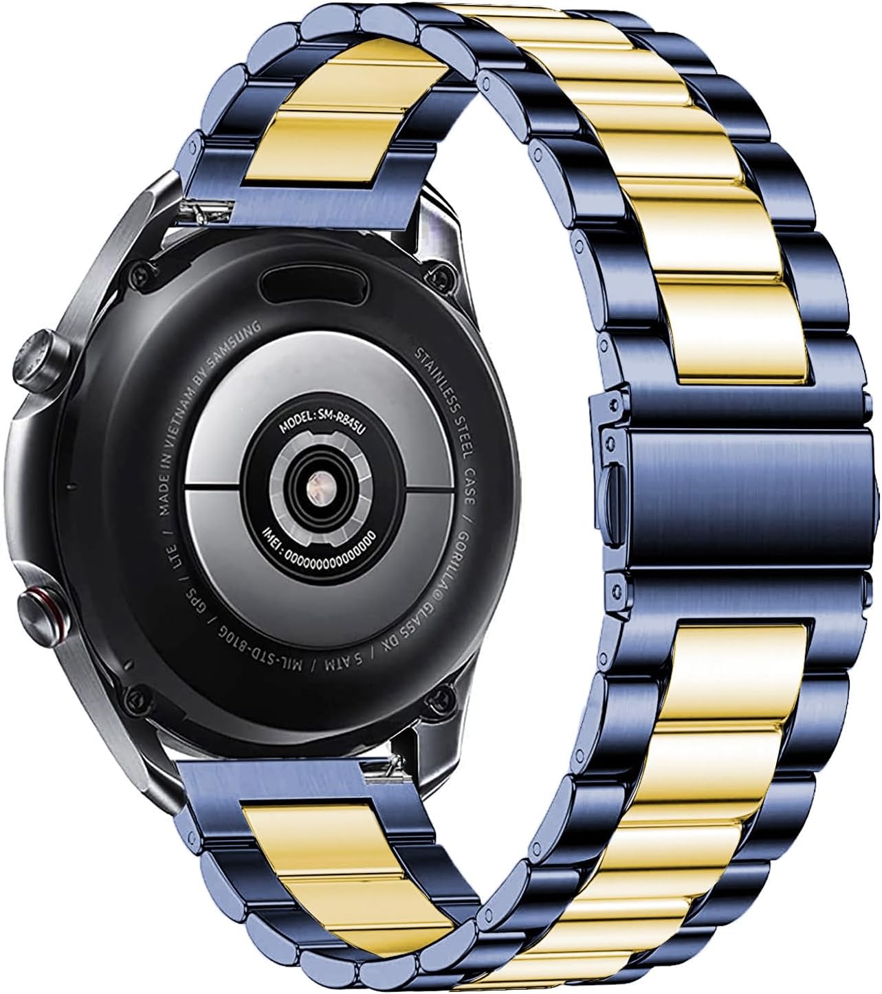 DEALELE Bands Compatible with Samsung Galaxy Watch 7 / FE / 6/6 Classic / 5/5 Pro / 4/4 Classic/Galaxy 3 41mm, 20mm Stainless Steel Metal Replacement Strap for Women Men (Blue/gold)