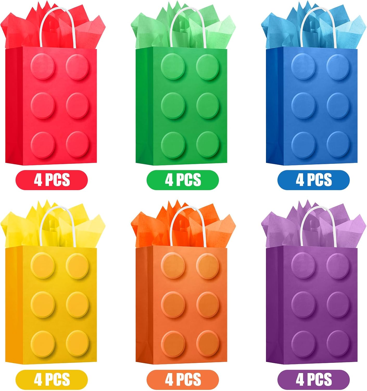 YOTNUS 𝟮𝟰 𝗣𝗰𝘀 Building Block Party-Favor-Gift-Bags with Tissue Paper, Small Gift Bags with Handles, for Building Block Birthday Party Shower Decoration Supplies