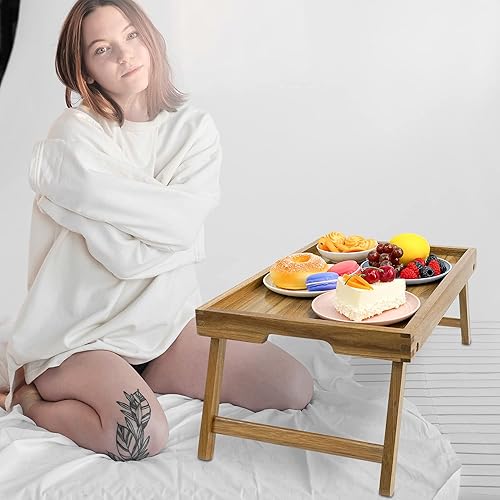 Miniatura 6 de VaeFae Bandeja de mesa de cama de acacia, bandeja de desayuno de madera con patas plegables, bandeja de cama para comer y laptop, bandejas de