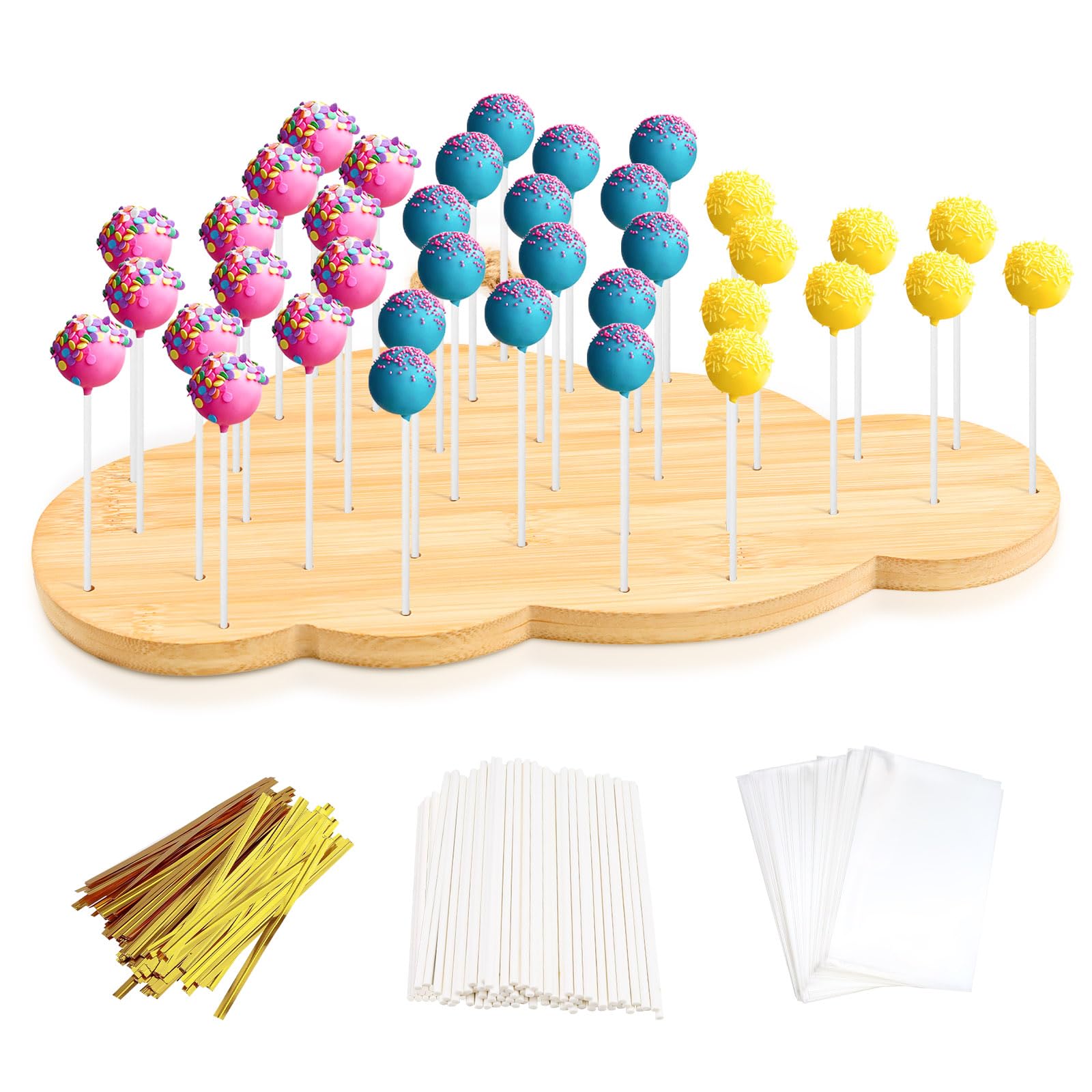 Haohai Cake Pop Stand, 36 Holes Cake Pop Holder Stand, Bamboo Cake Pop Stands for Dessert Table, Lollipop Holder for Parties, Weddings, Cake Pop Set Include 90pcs Cake Pop Sticks and Wrappers