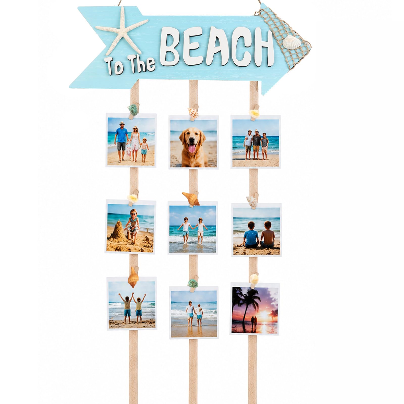 Fangoo Wooden Beach Themed Wall Decor Art Photo Display Holder with 30 Clips Seashells Ocean Style Wall Hanging for Bedroom Coastal Party Picture Organizer Home Decor Hanger Supplies