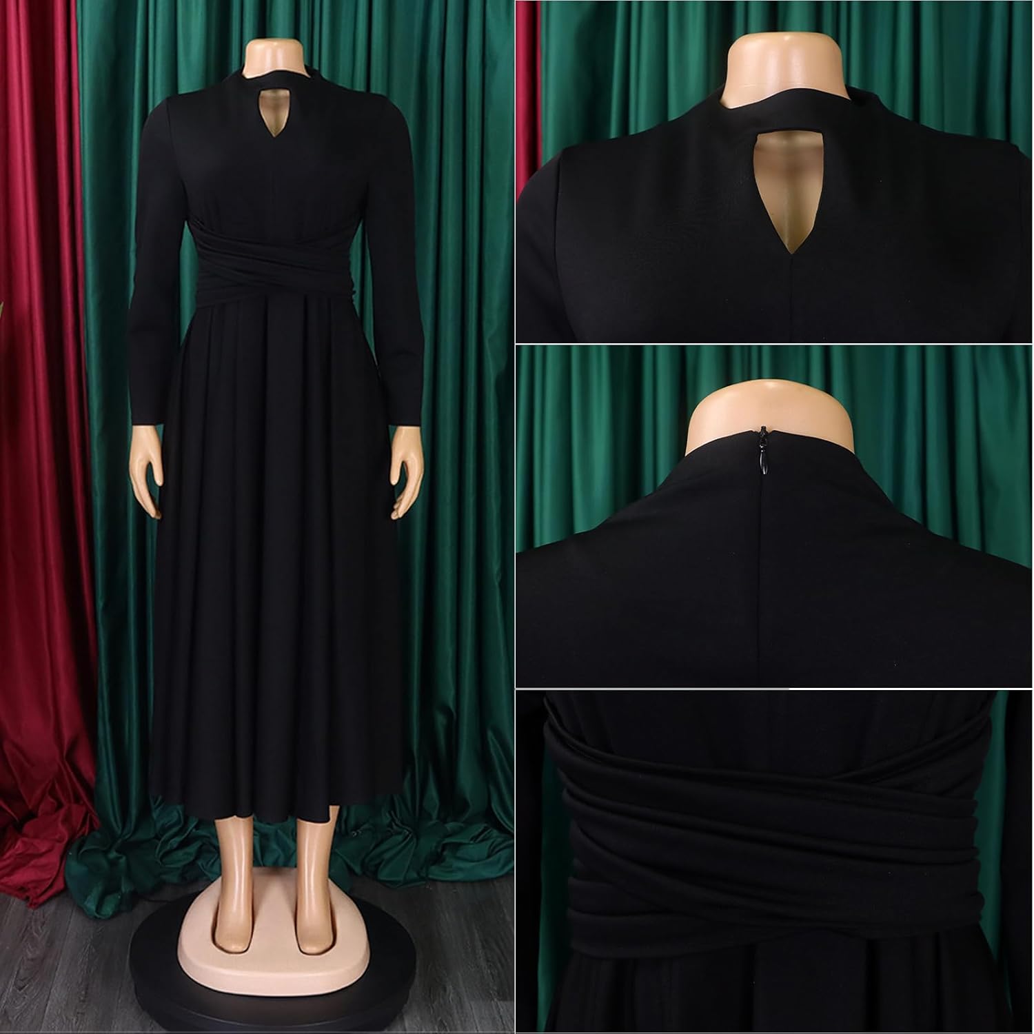 Women's Long Sleeve Maxi Dress High Waist Ruched A Line Swing Cocktail Party Dresses Plus Size - Image 4