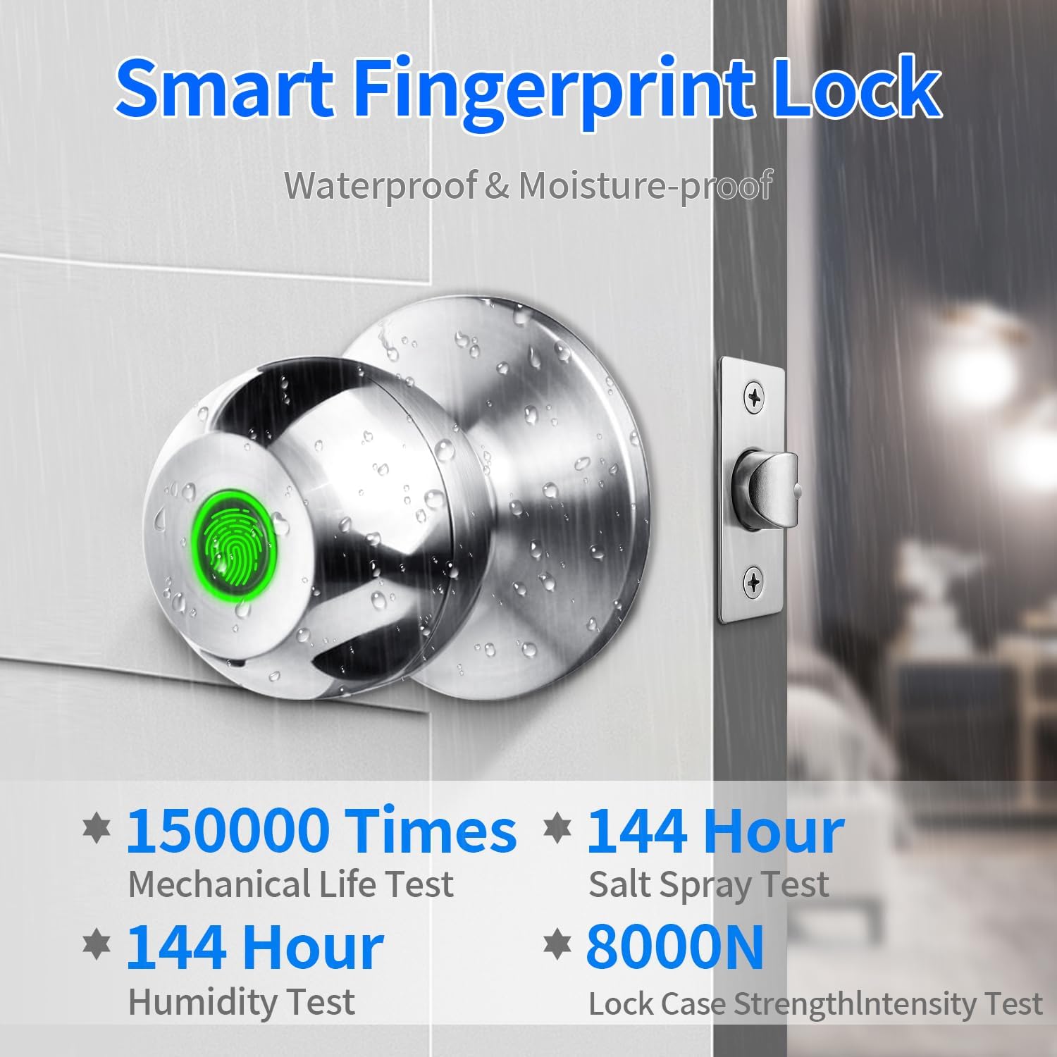 Smart Fingerprint Door Lock with App Control & Key, Double-Tap Auto-Lock, Biometric Door Knob for Bedroom, Apartment, Office, Hotel, Garage - Silver