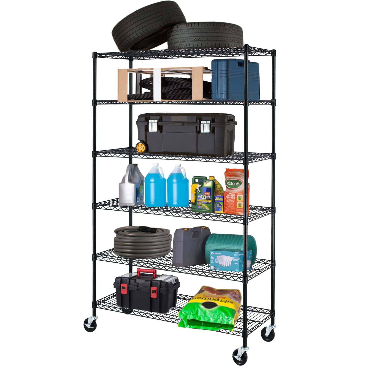 PayLessHere Wire Shelving Unit Heavy Duty Storage Rack Metal Shelf Garage Organizer Wire Rack with Casters (Black, 48" D x 18" W x 76" H)