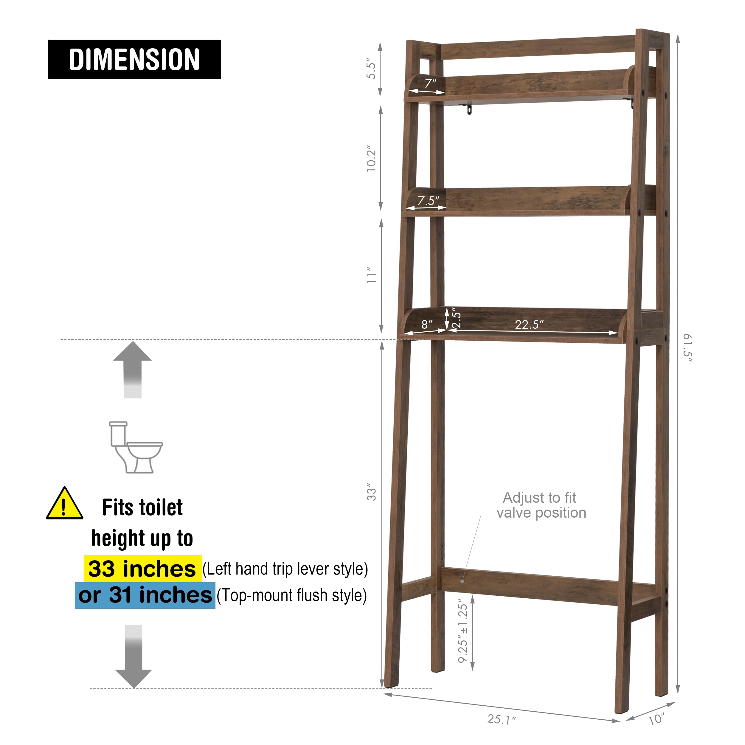 UTEX Estante de almacenamiento sobre el inodoro, organizador de baño de 3 niveles, estante de almacenamiento sobre el inodoro (grano de madera)