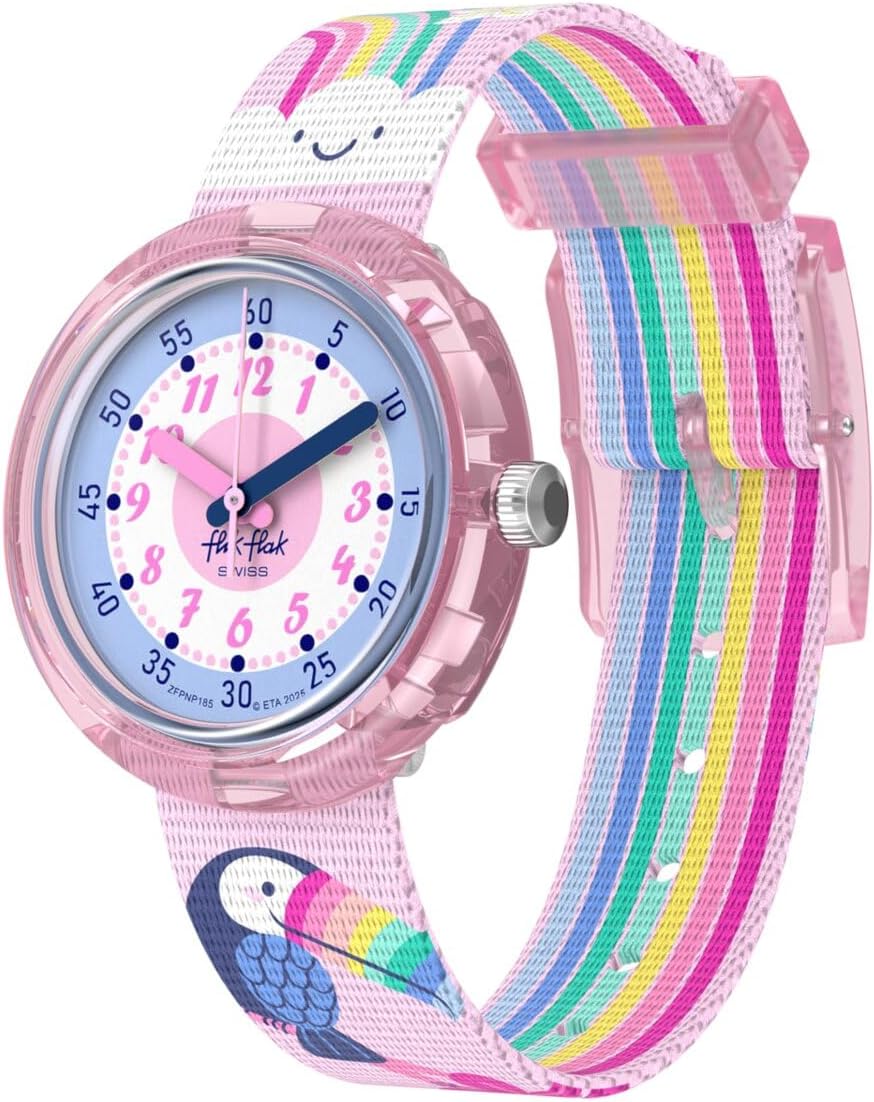 Flik Flak Girls Kids Watch Casual Pink Bio-sourced Quartz Waterproof Toucans Treasures