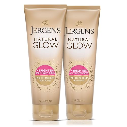 Jergens Natural Glow - Loción corporal autobronceadora, para tono de piel claro a medio, hidratante diario con aceite de coco, vitamina E y