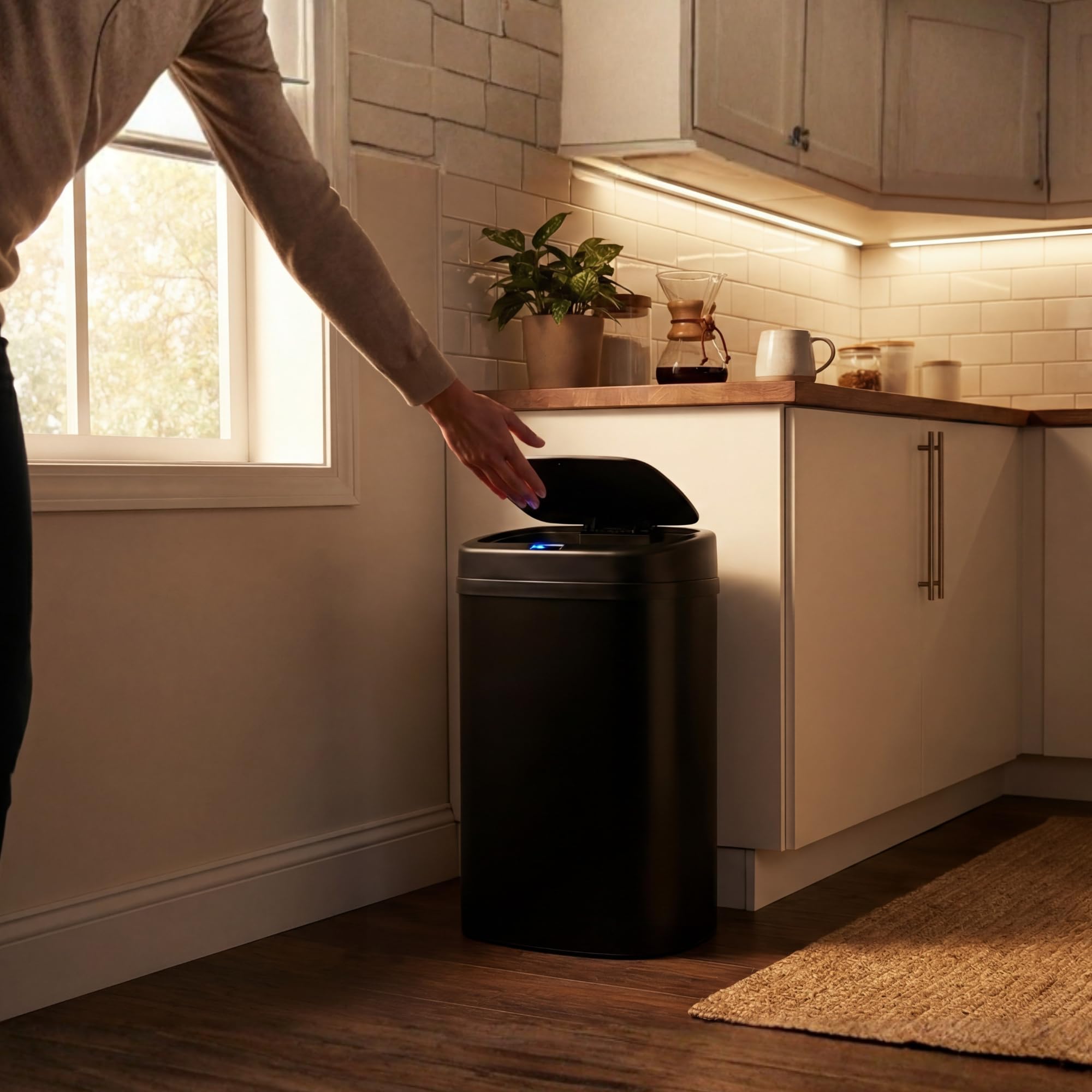 Bayt Mülleimer mit Sensor 60 Liter - Automatischer Abfalleimer für in der Küche, Badezimmer und Homebüro, Berührungslos, Edelstahl, Geruchsarm, Innenring, Schwarz
