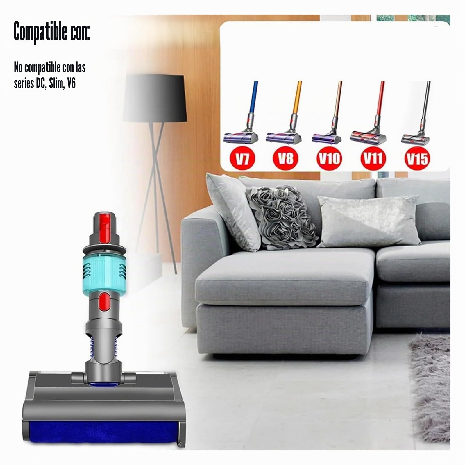 Cabezal De Fregona Eléctrica Húmedo Y Seco con Cepillo De Lavado, Compatible con Dyson, V7 V8 V10 V11 V15, Luz Verde, Limpia Y Seca Suelos Duros