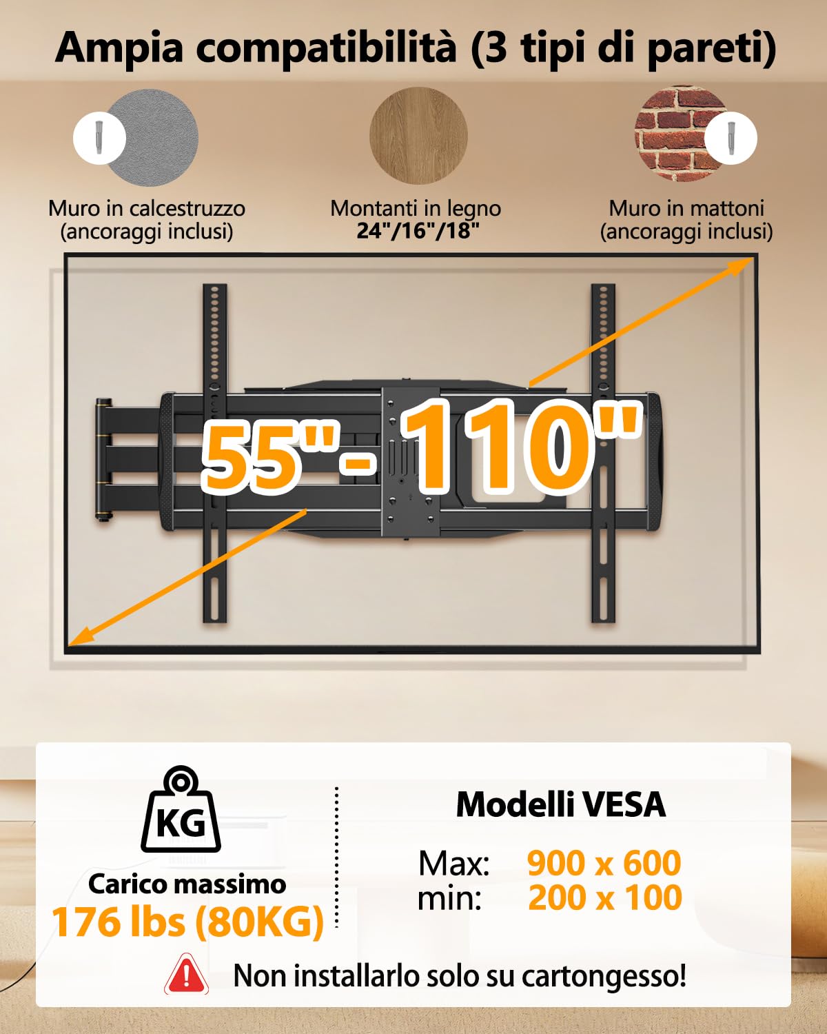 Supporto TV Parete Braccio Lungo da 1090mm per Schermi LCD/LED/OLED da 42-110 Pollici, Staffa TV Girevole Inclinabile Orientabile, Braccio TVs Max VESA 900x600mm fino a 80kg
