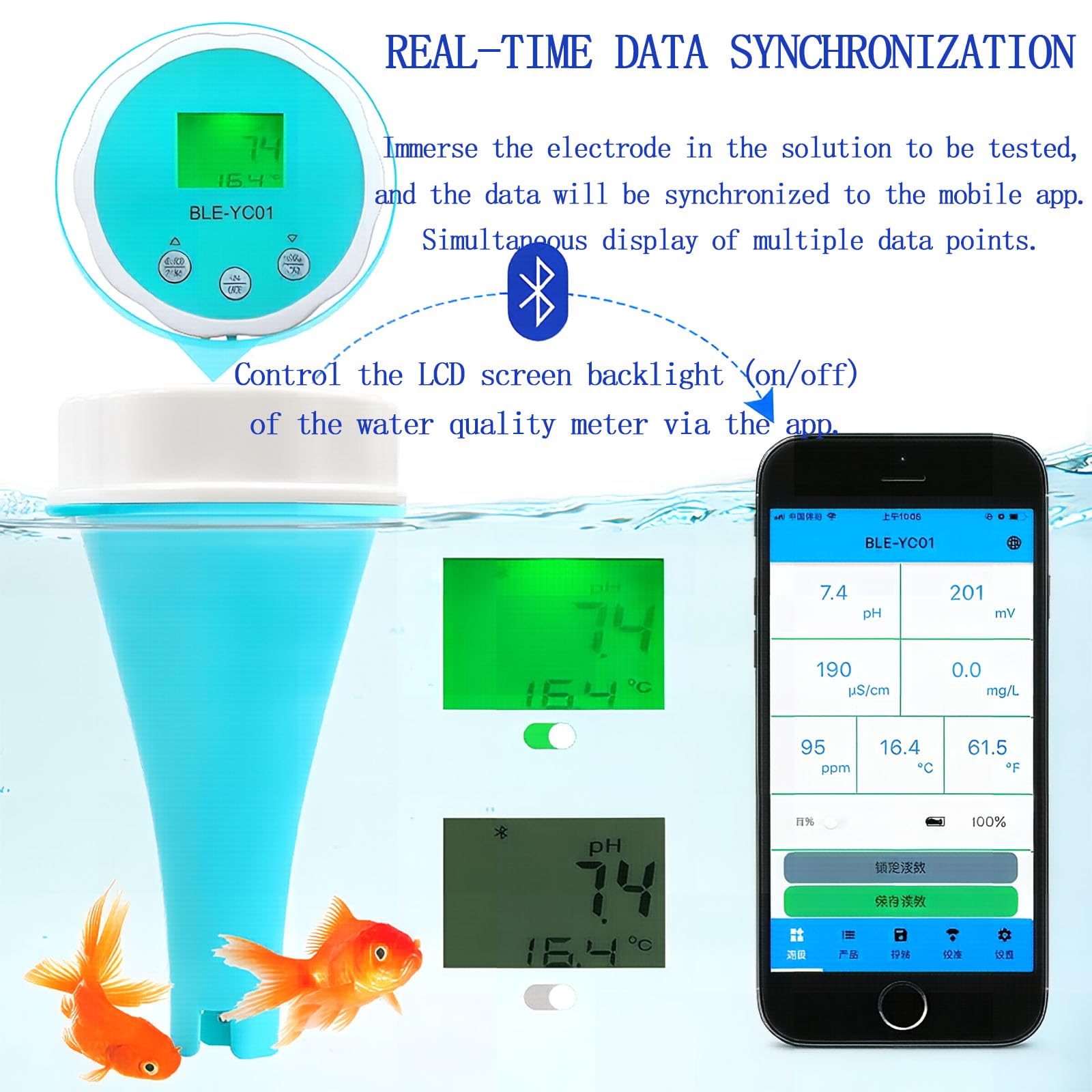 Tester dell'Acqua Intelligente 6 in 1, Kit Bluetooth per Il Test dell'Acqua Domestica con Monitoraggio App, Temperatura PH EC TDS ORP CL, per Acqua Potabile, Pozzo, Città, Piscina, Acquario