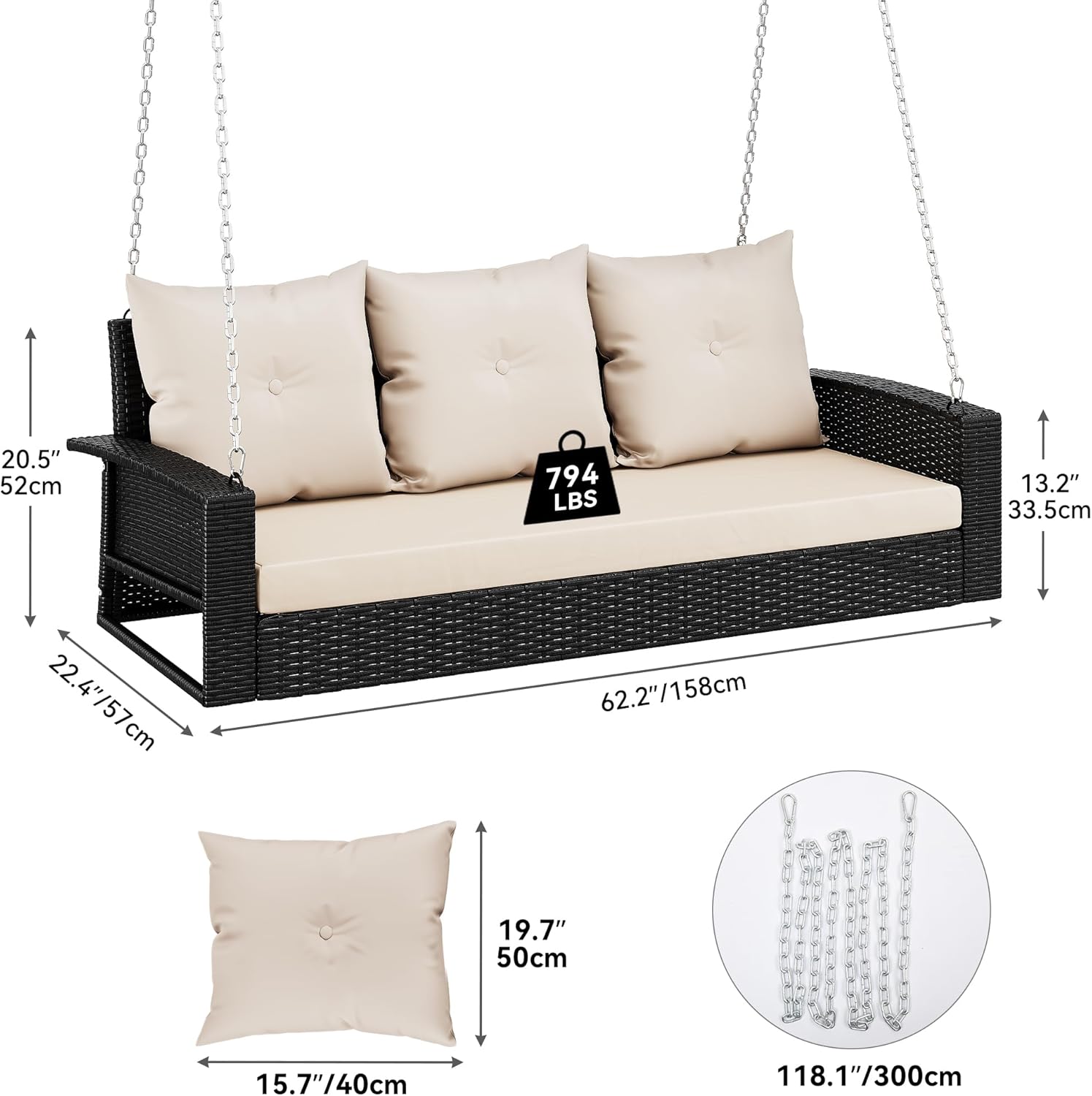 YITAHOME 3-Seats Hanging Porch Swing Chair Outdoor Black Rattan Patio Swing Wicker Swing Lounge 3 Back Cushions Capacity for Garden, Balcony, Deck