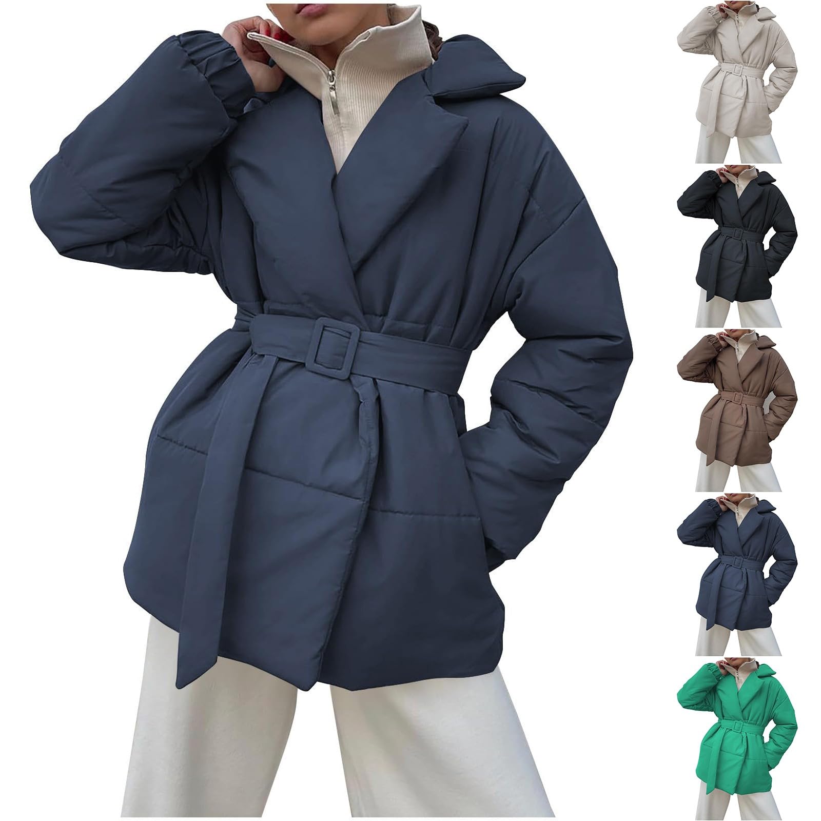 Piumino nero da donna lunghezza in vita | Cappotti leggeri da donna Uk Piumini invernali da donna alla moda a maniche lunghe aperto davanti piumini casual leggeri termici con cintura