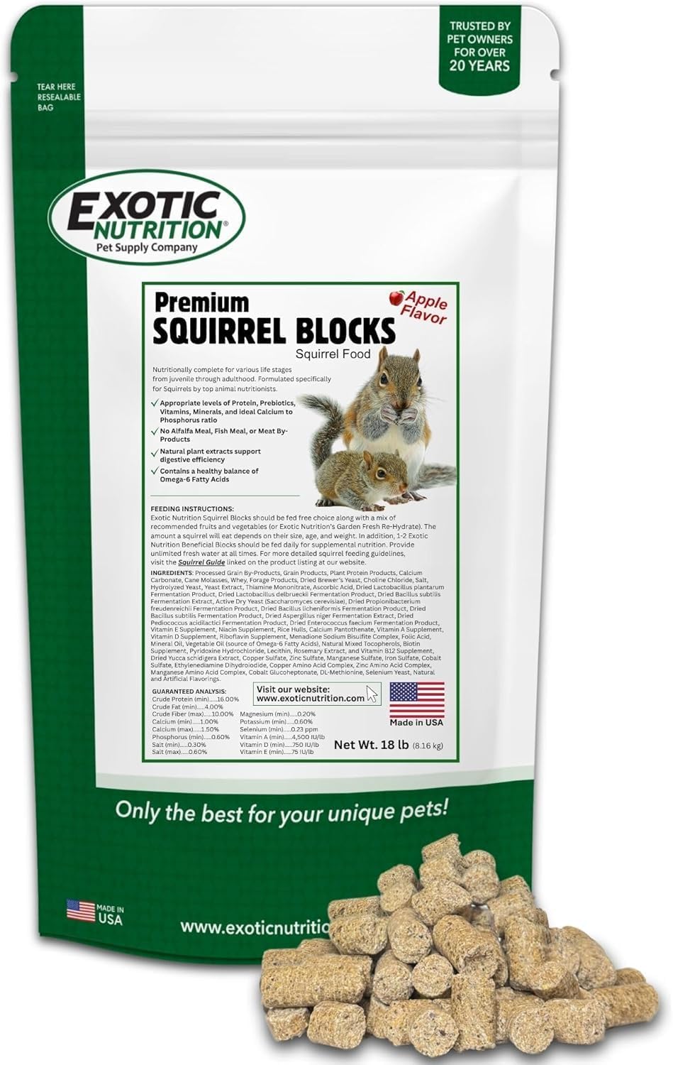 Exotic Nutrition Premium Squirrel Blocks - Gut Healthy & Immune Supportive Daily Food for Squirrels (18 lb.)