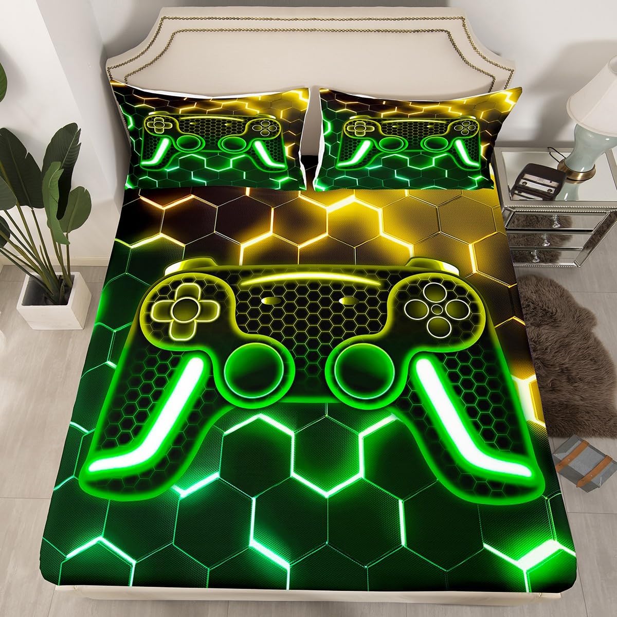 Erosebridal Gamer Fitted Sheet Full Size for Boys Kids, Teens Gamepad Gaming Bed Sheets Green Yellow Video Game Bedding Set Geometric Neon Honeycomb Sheets Gamer Room Decor, Machine Washable
