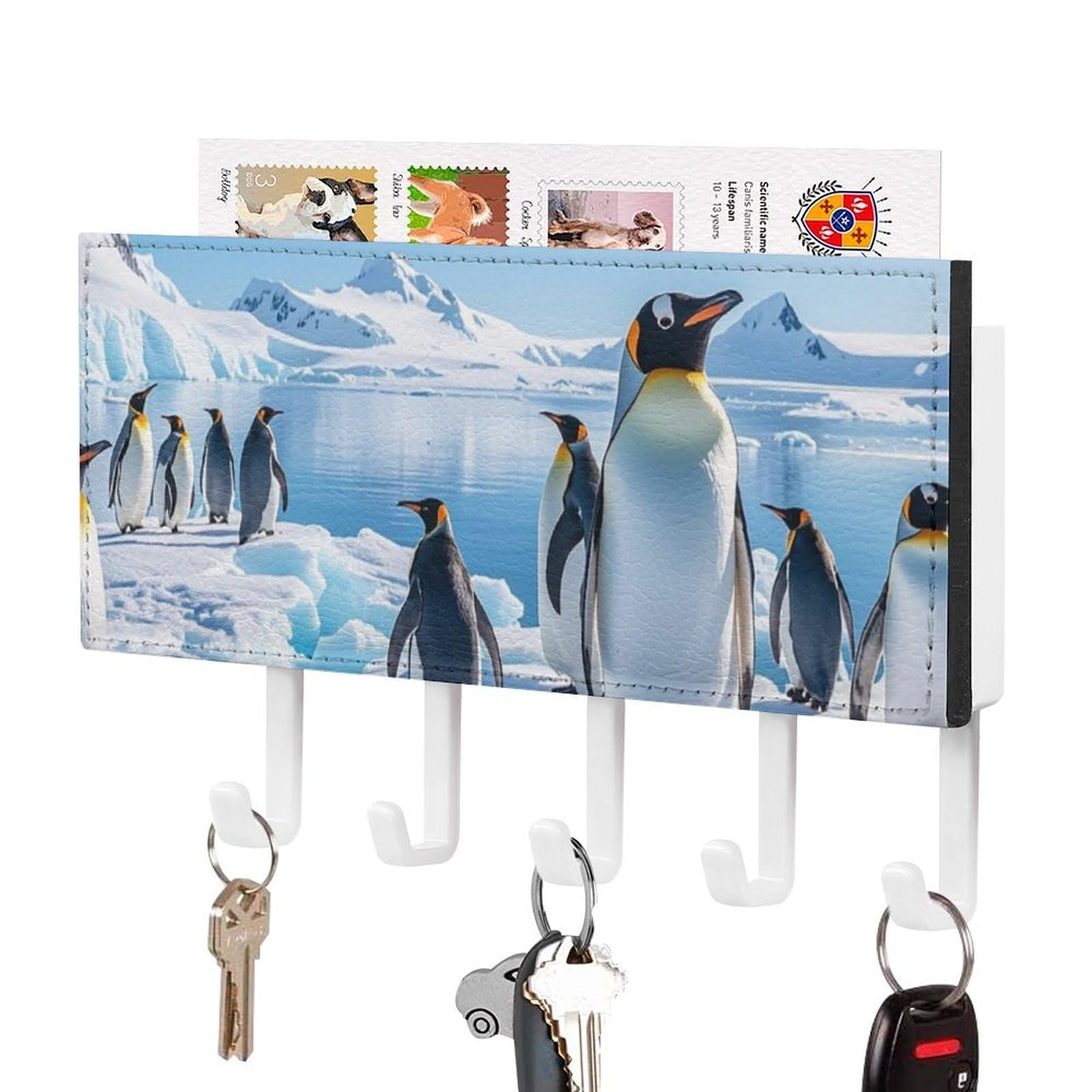 Fekiloot White-Style Penguin Antarctica Ice Key Holder Wall Mount Key Hanger With 5 Hooks Decorative Key Rack Hanging Key Hooks With Mail Organizer Key Holder For Wall Living Room Kitchen Bathroom Hallway White