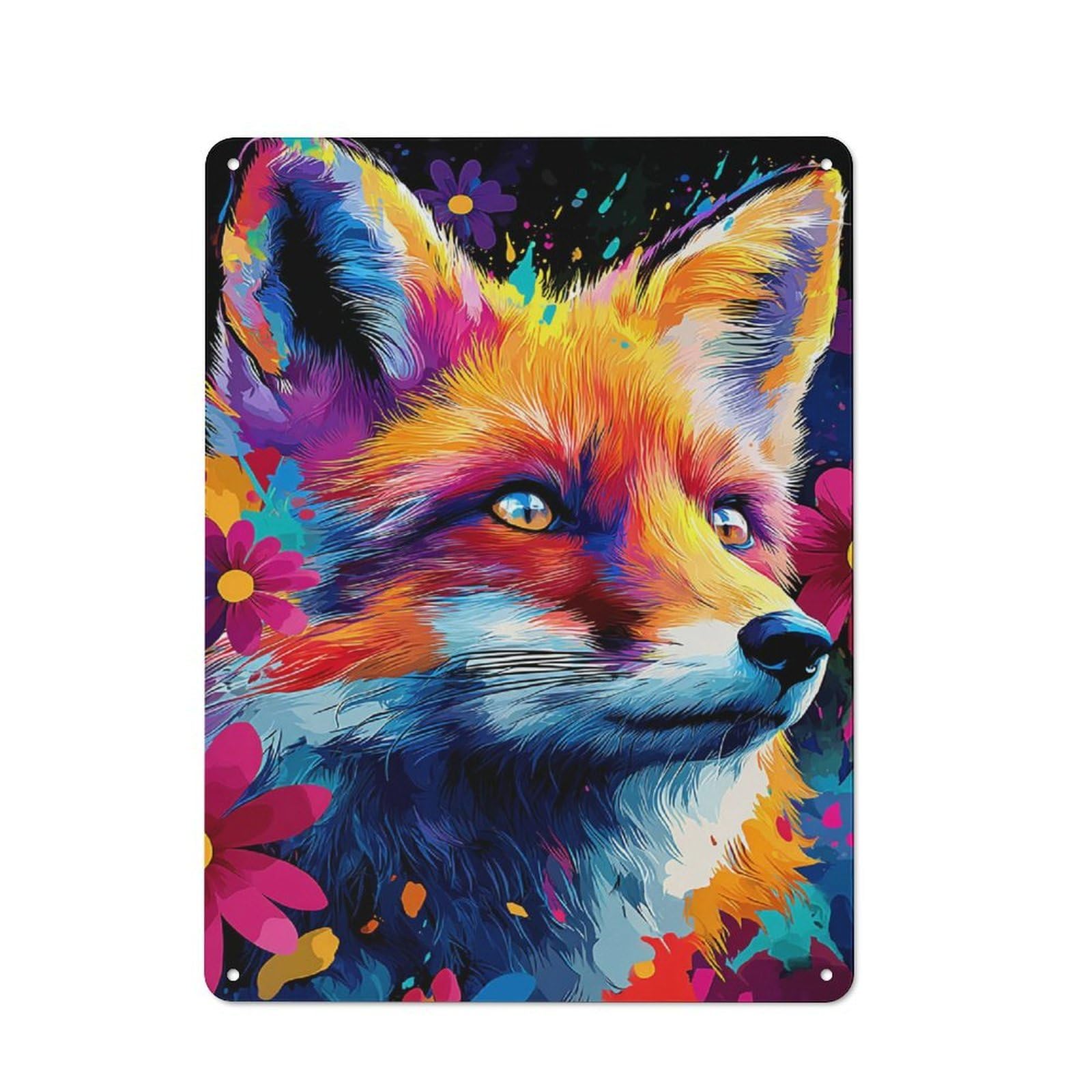 Junmoney Colorful Fox With Flowers Retro Metal Plaque 40X30cm For Café Or Home Bar, With Clear Retro Wall Decor Character