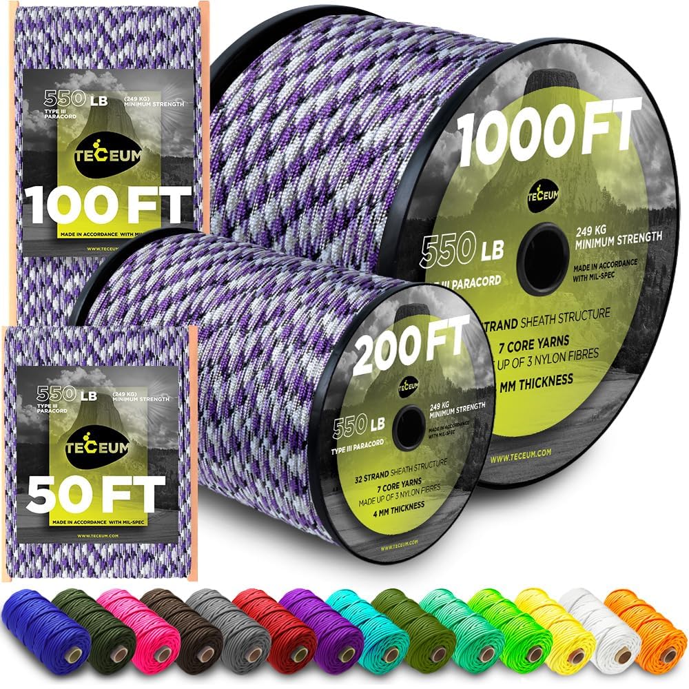TECEUM Paracord Type III 550 Purple Snake โ 30 m โ 4mm โ Tactical Rope MIL-SPEC โ Outdoor Para Cord โ Camping Hiking Fishing Gear and Equipment โ Parachute Cord โ Strong Survival Rope (100ft) 026m