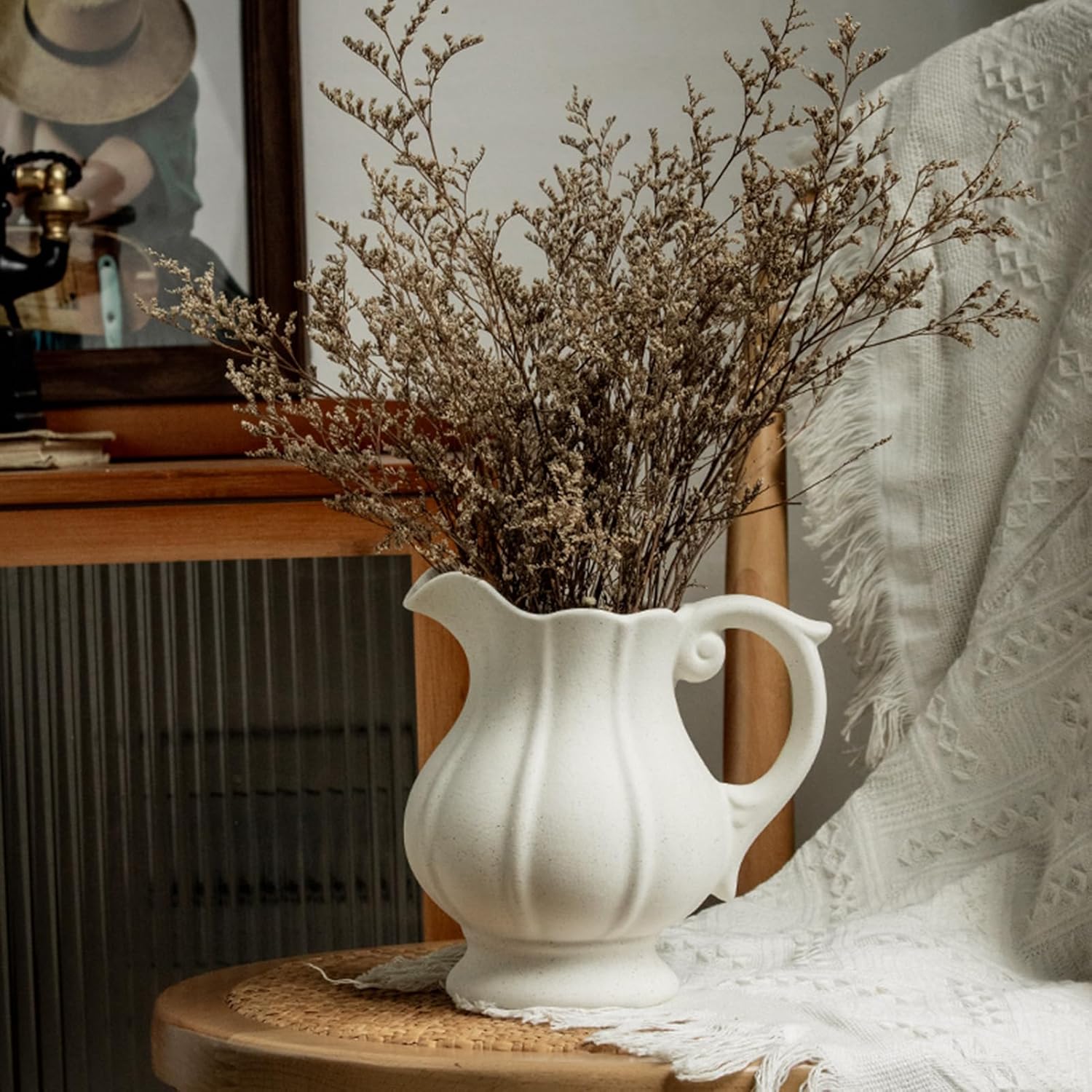 Ceramic Flower Vase, Small White Ceramic Vases for Home Decor, Kettle Shape Pumpkin Embossment Decorative Vase