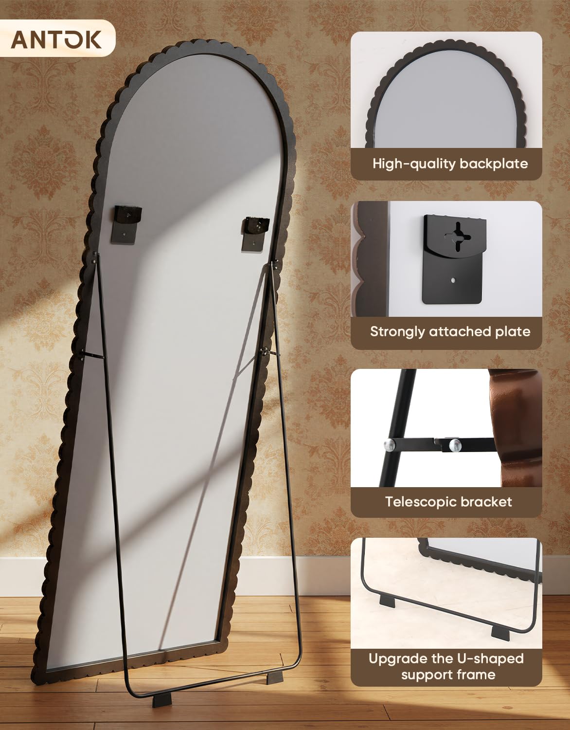 Antok 180x71 cm Ganzkörperspiegel Standspiegel - Arch Gerader Winkel Spiegel mit HD Glas BogenSpiegel Wandspiegel für Wohnzimmer Schlafzimmer, Hellbraun