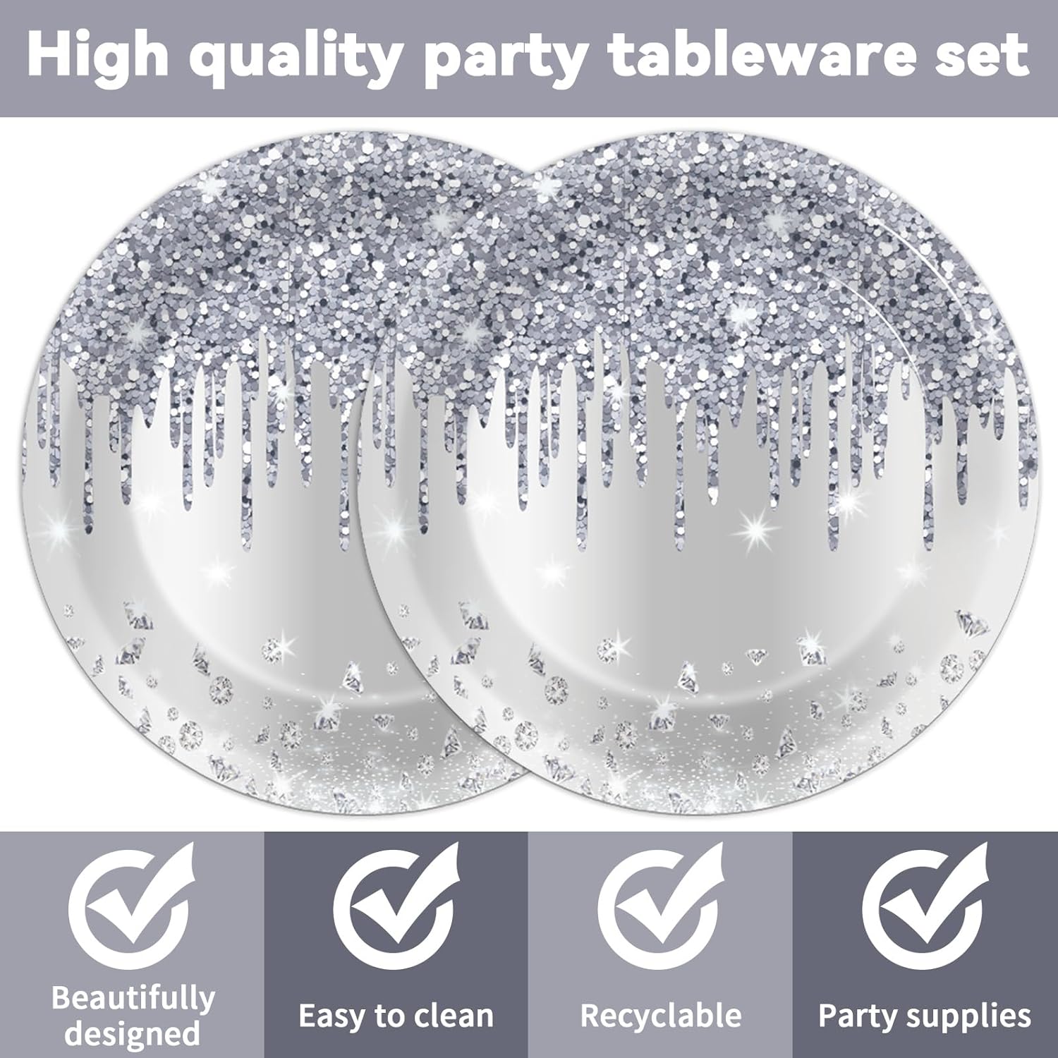 50 Pcs Silver Glitter Disposable Party Plates and Napkins Glitter Diamonds Happy Birthday Party Supplies for 25 Guests Table Decorations for Wedding Silver Birthday Decorations Paper Plates Napkins - Image 3