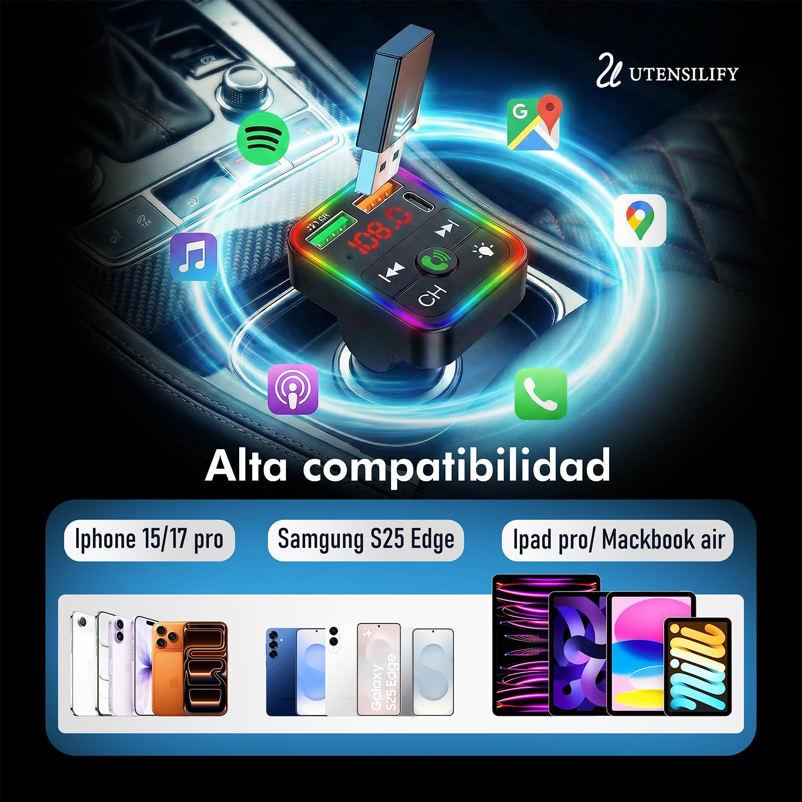 | UTENSILIFY® Transmisor FM Bluetooth Coche Premium | Bluetooth Coche + Cargador Ultra RÁPIDO | Manos Libres | Cargador Carga Rapida|Accesorios Auto | MP3 Reproductor | Bluetooth 5.3 - 5