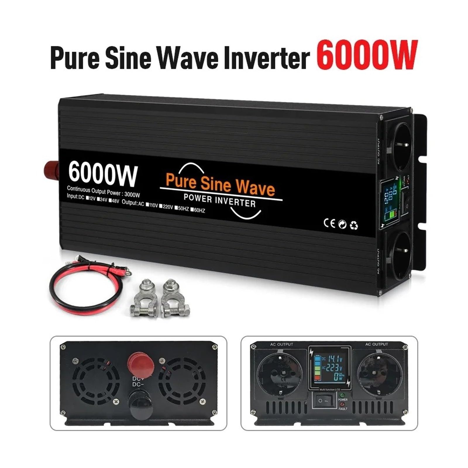 Inversor Corriente Convertidor Voltaje Onda Sinusoidal Pura 4000W 5000W 6000W con Doble Enchufe Europeo Inversor Solar 12V CC 24V Y 48V A 220V CA Transformador(24V,50HZ,6000W (Rated 3000W))