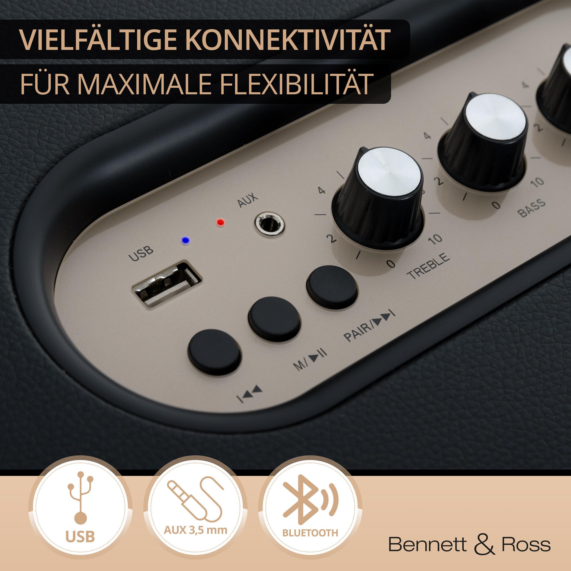 Bennett & Ross BB-880BK Blackmore Giant - Retro Bluetooth Lautsprecher in Lederoptik - TWS-Funktion - Vintage Speaker mit 2X 40W Leistung - USB-Eingang mit MP3-Player - Aux-Anschluss - Schwarz