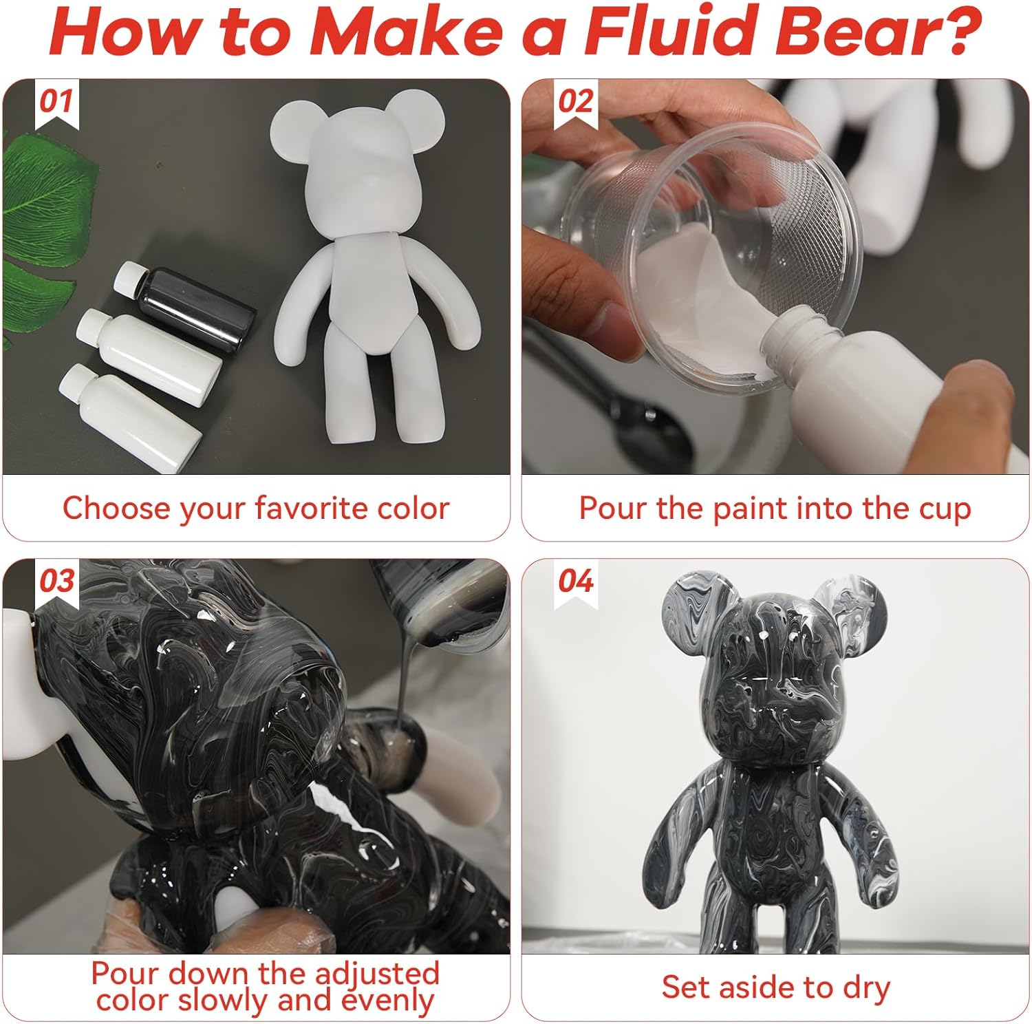 YONXID DIY Fluid Bear Painting Kit - Creative Home Decor Handcrafted Teddy Bear, Bearbrick Figure, and Bears to Paint Dolls for Birthday and Valentine's Day Gifts (9.05 Inches, Bear)