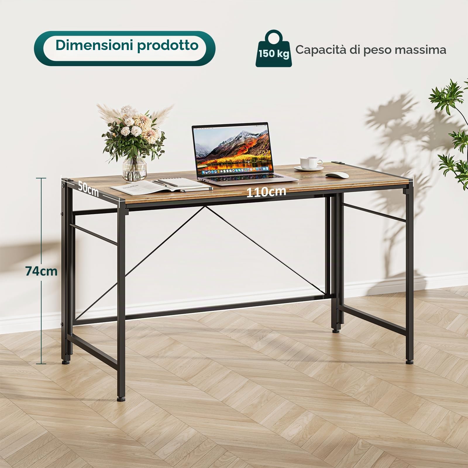 Dripex Scrivania pieghevole XXL, 110 x 50 cm, pieghevole, con struttura in acciaio, salvaspazio, impermeabile, per casa, ufficio, studio (Oak)