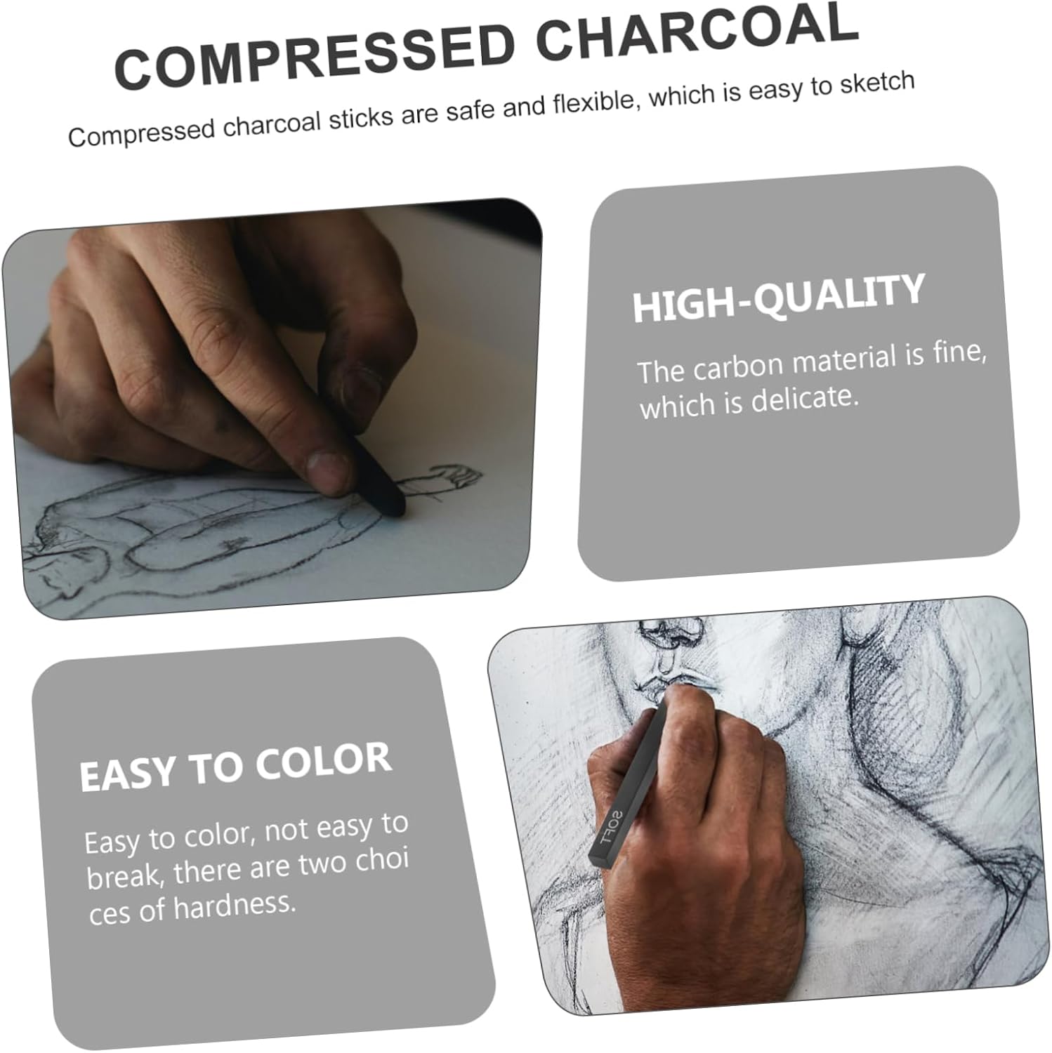 ARTIBETTER 6-Piece Charcoal Sticks Set for Drawing and Sketching Soft and Hard Mediums for Students and Artists for Art Supplies and Creative Projects
