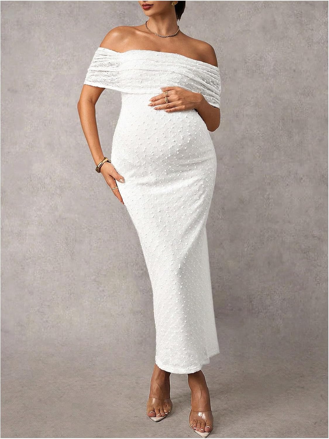 SweatyRocks Women's Maternity Off Shoulder Dress Elegant Swiss Dots Bodycon Maxi Photoshoot Dresses