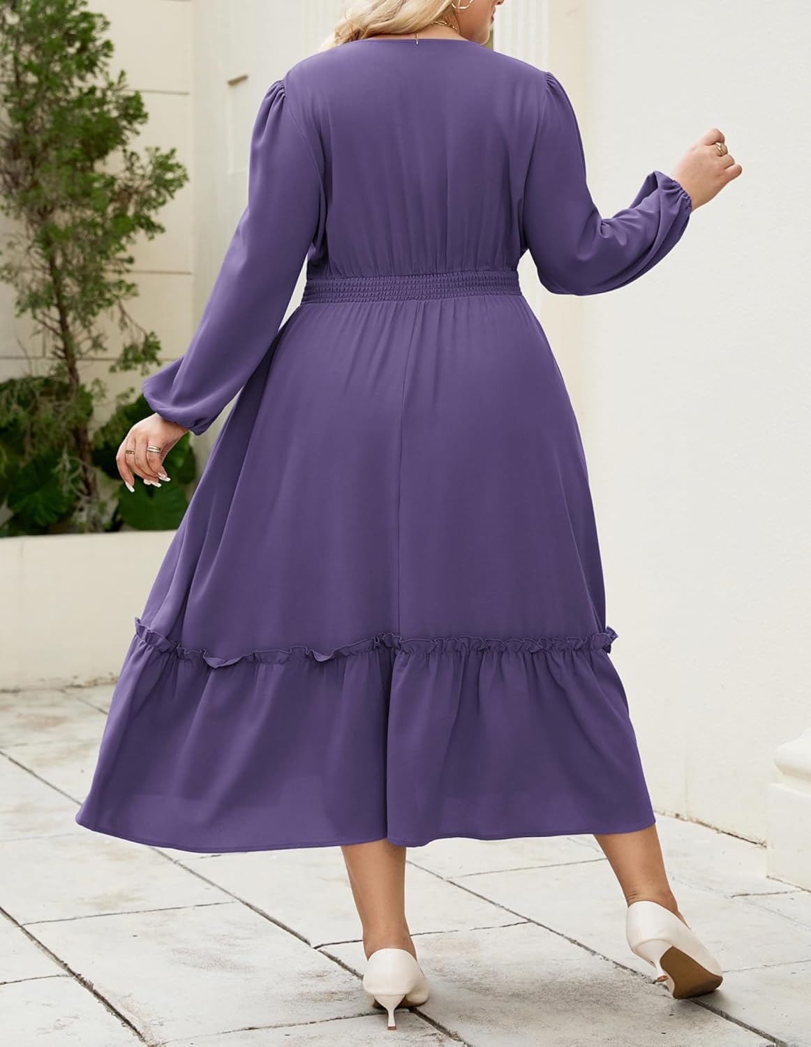 Hanna Nikole Women Plus Size Long Sleeve Casual Dress 2026 Spring V Neck Pleated Flowy Tiered Maxi Dresses with Pockets - Image 2