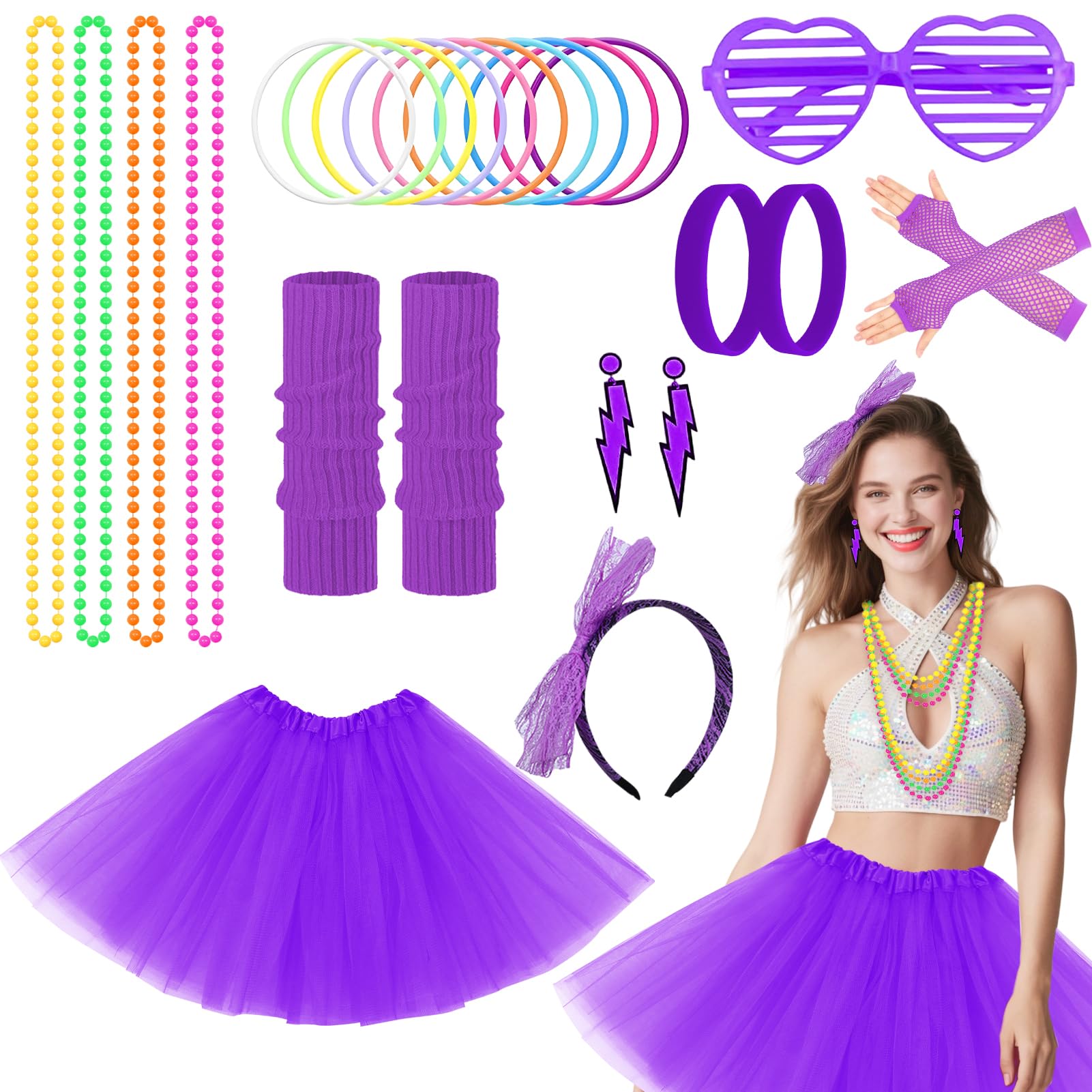 Meriviva 25 Pcs 80s Fancy Dress for Women 1980s Accessories with Neon Tutu Skirt Bracelets Necklaces Leg Warmers Fishnet Gloves Headband Glasses Earrings for 80s Party Dress Up (Purple)