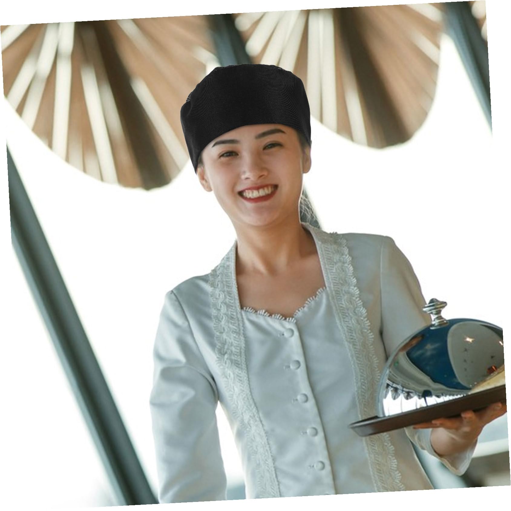 ORFOFE 4 Piezas Gorros de Chef Unisex Gorra Cocina Transpirable de Malla para Hombres y Mujeres Gorros de Trabajo para Servicios de Hostelería y Catering Negro Doble de Poliéster-algodón