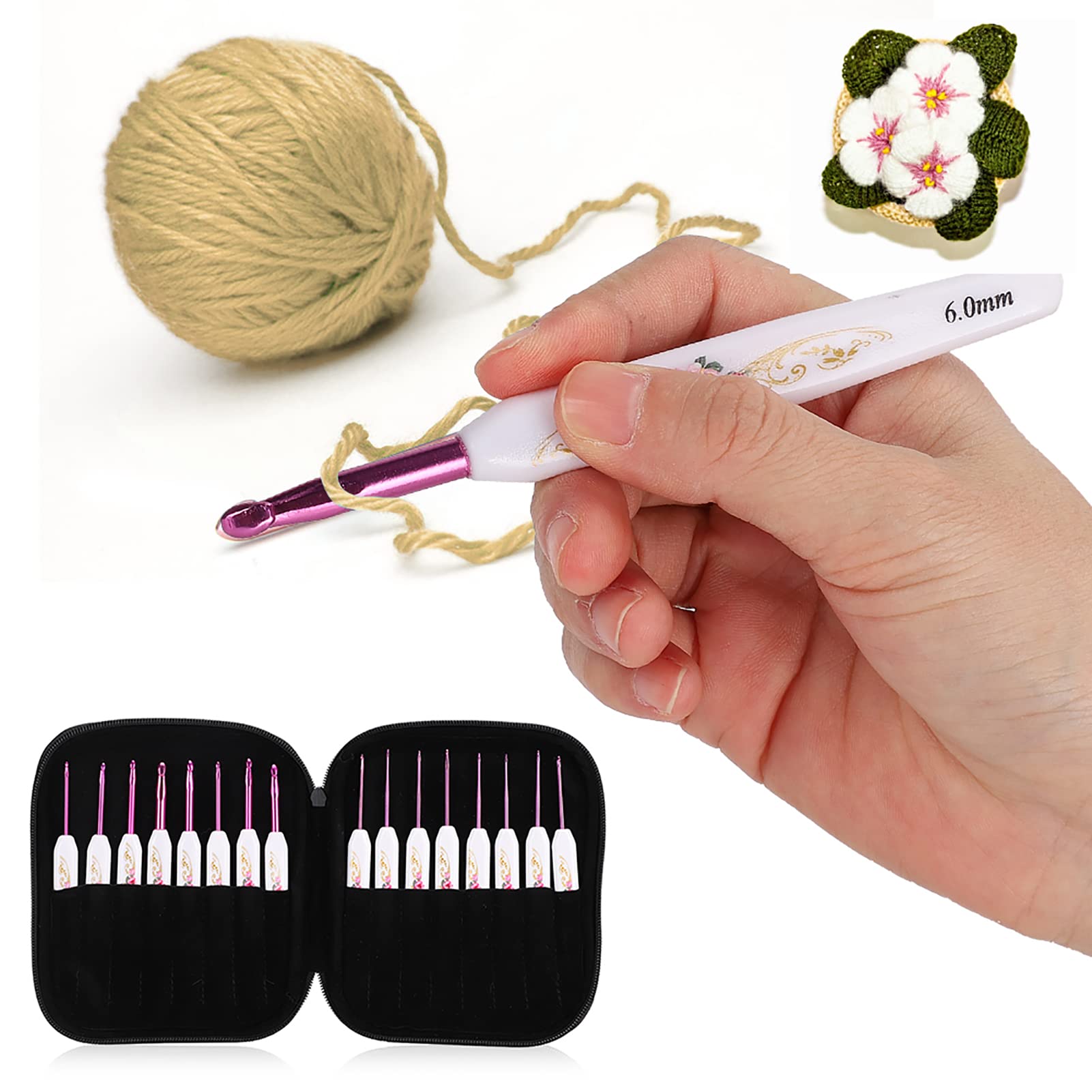 QANYEGN 16 Pezzi Set di Ganci per Uncinetto, Gancio per Uncinetto in Alluminio con Borsa Portatile, Kit di Aghi per Uncinetto per Accessori da Cucito Fai da Te, Rosa