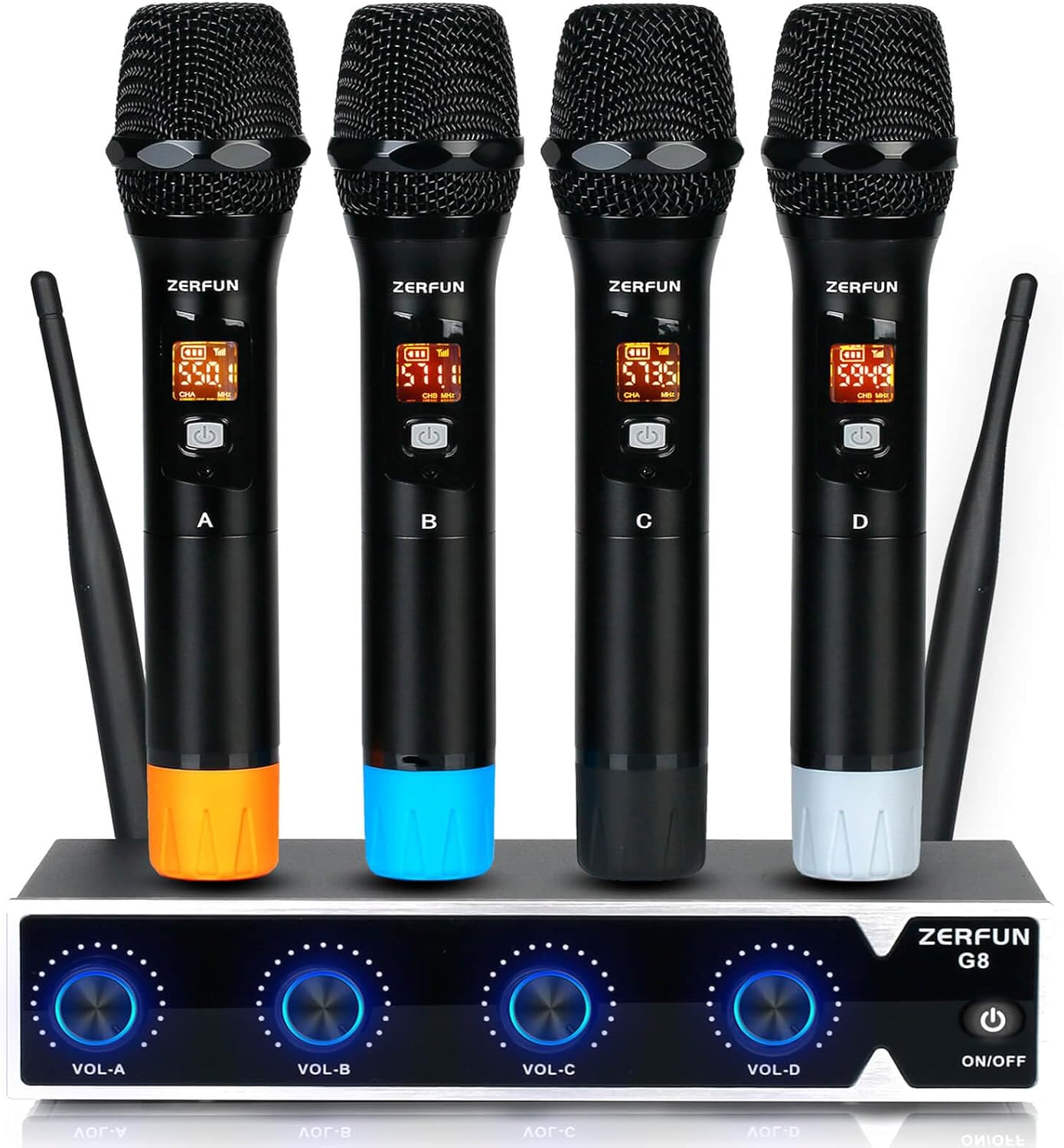 ZERFUN Pro Wireless Microphone System 4 Channel, UHF Metal Cordless Handheld Mics for Church Karaoke Singing, 4x50 Adjustable Frequency(G8 Battery 4 Handheld)