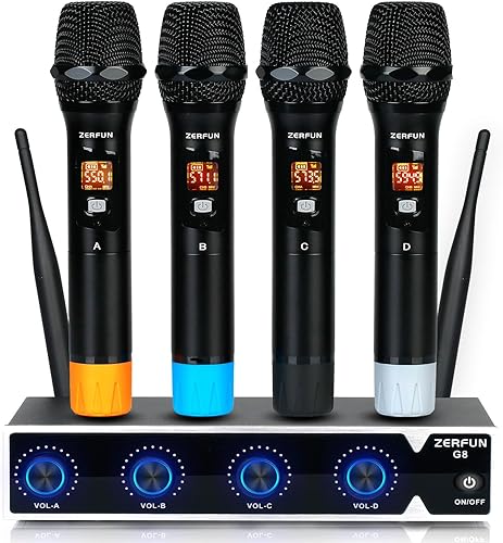ZERFUN Sistema de micrófono inalámbrico G8 micrófonos inalámbricos de mano de metal de 4 canales karaoke profesional micrófono inalámbrico dinámico