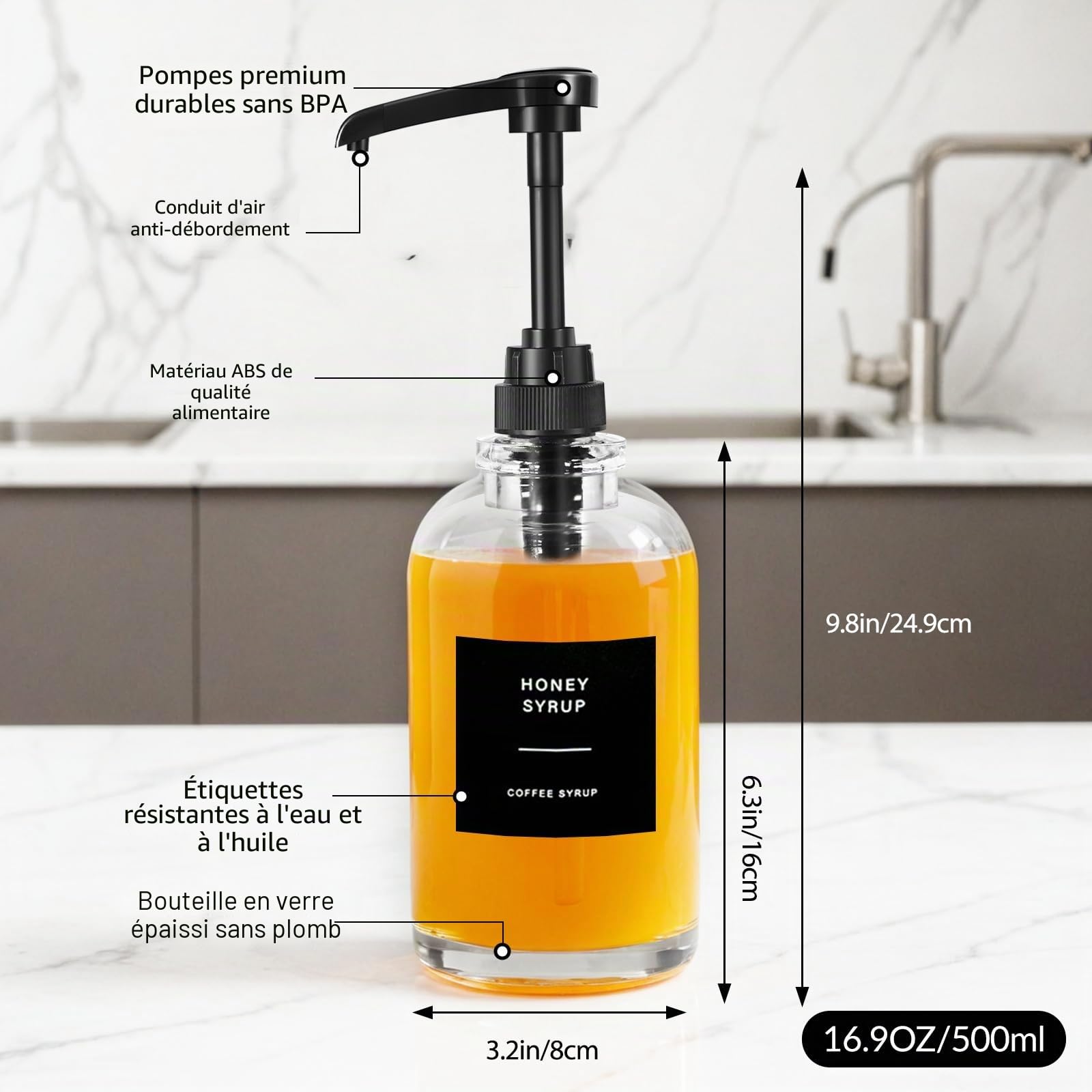 Sunal Lot de 3 distributeurs de sirop en verre avec plateau - Pompe de 0,6 l - Étiquettes et entonnoir étanches - Bouteille pompe à sirop de 500 ml - Pour bar à café et cuisine - Noir
