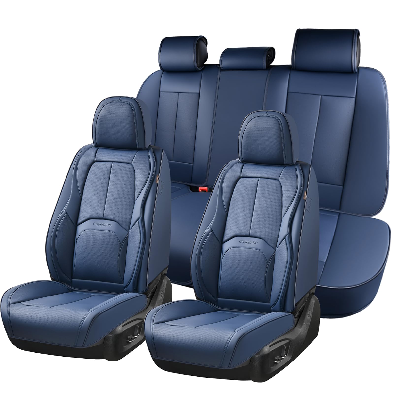 Coverado Car Seat Covers Full Set, Blue Car Seat Cover, Nappa Leather Seat Covers for Cars, Waterproof Car Seat Protector with Lumbar Support, Automotive Seat Covers Universal Fit for Most Cars (Blue)